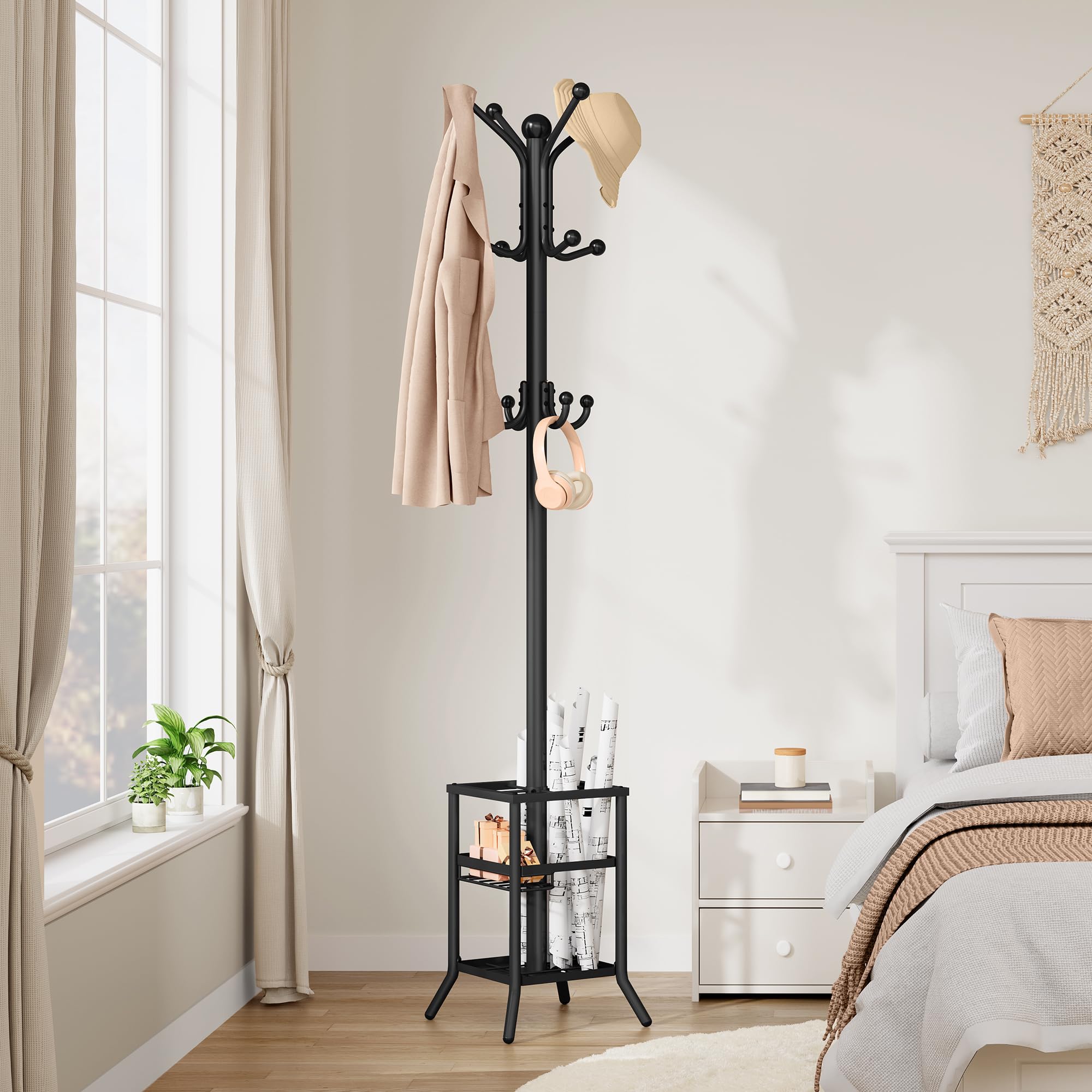 FAVOOSTY Porte-manteau avec Porte-parapluie, Porte-vêtements avec 12 Crochets, Porte-vestes sur Pied, Porte-manteau, Pour salon, Chambre à Coucher,entrée -Noir
