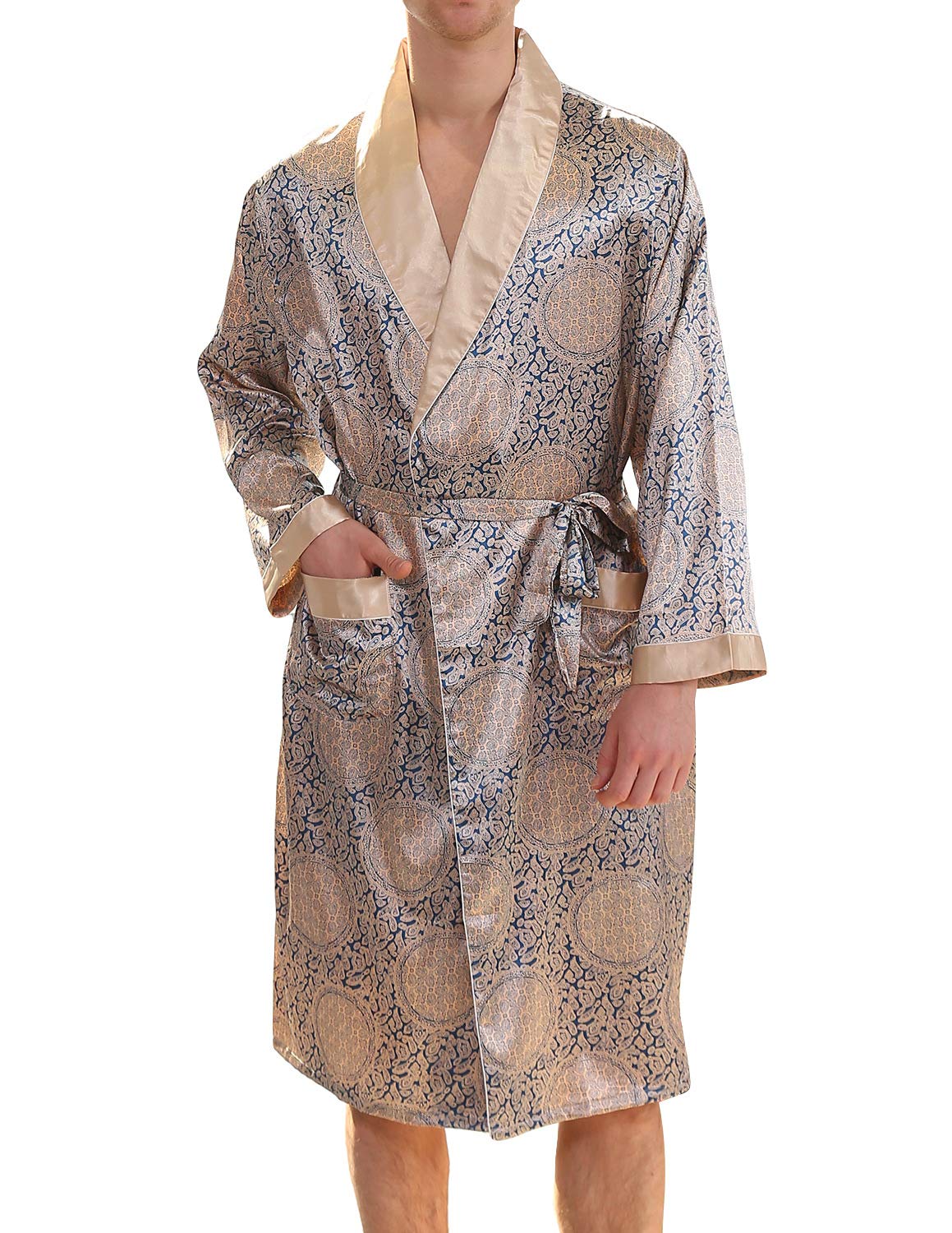 Men's Luxurious Kimono Robe with Shorts Summer Printed Silk Satin Bathrobes