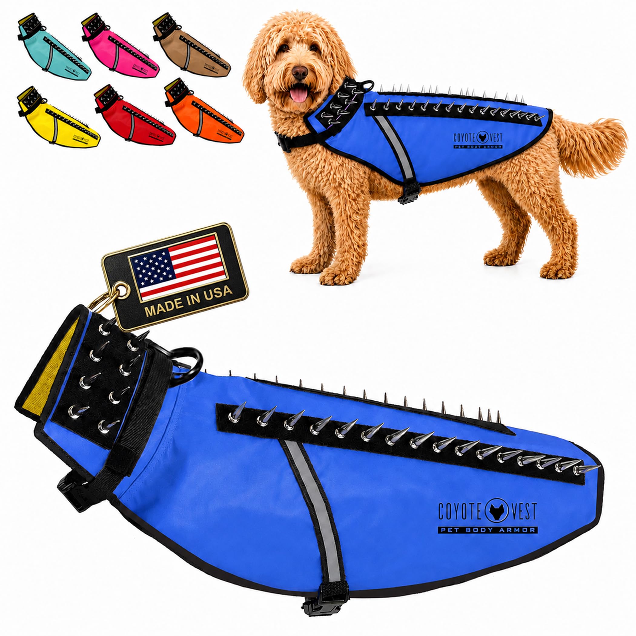 CoyoteVest Dog Harness | Stab-Resistant Protective Vest | Coyote Vest for Dogs | Defends Against Coyotes, Dogs, Birds of Prey | Reflective Safety, Made in USA (Large, Royal Blue)
