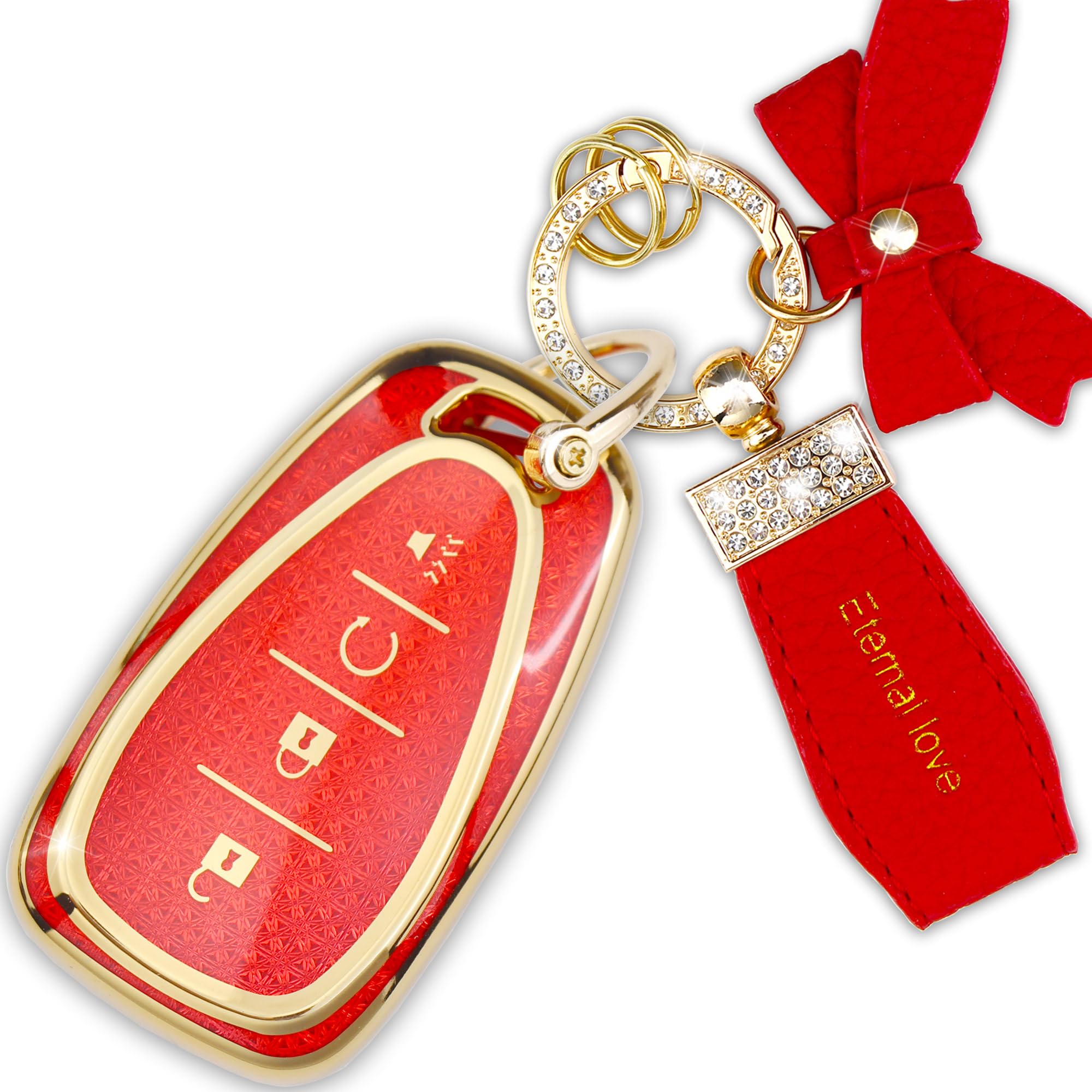 Simocky Fit for Chevy Key Fob Cover with Diamond Keychain, Compatible with Chevrolet Equinox Malibu Cruze Traverse Camaro Trax Blazer Volt Bolt Key