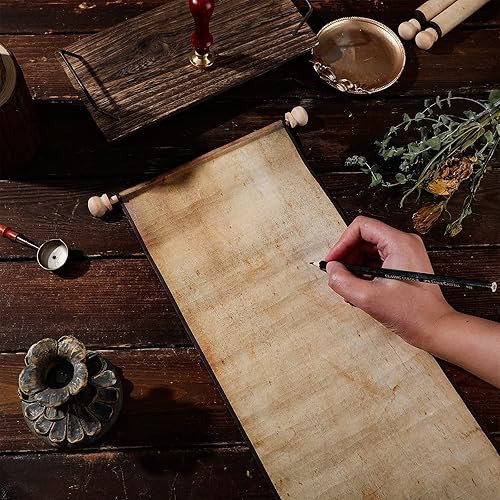 Miniatura 2 de 3 piezas de rollo vintage de papel en blanco de 7.5 x 30 a 32 pulgadas en barras de madera, papel de desplazamiento largo envejecido, rollo en