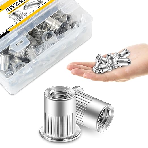 100Pcs 1/4-20 Rivet Nuts Hardware Nuts, 304 Stainless Steel Flat Head RIV Nuts, 1/4 20 Nut Threaded Inserts Rivnuts for Wood & Metal, 1/4 UNC Rivnuts Rivets Nutsert