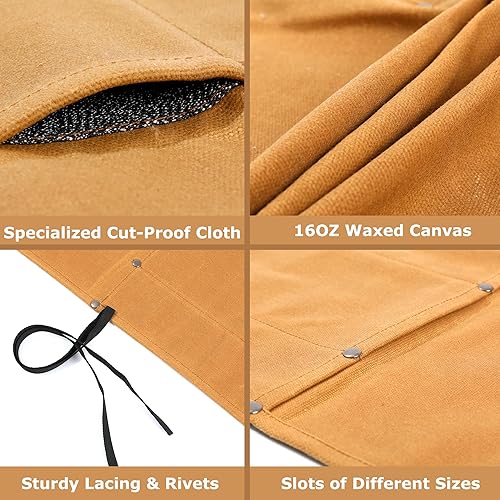 Miniatura 4 de Bolsas para cuchillos de lona encerada de 16 onzas (4 ranuras y tela anticorte especializada), bolsa multiusos para cuchillos con cuerda de amarre,