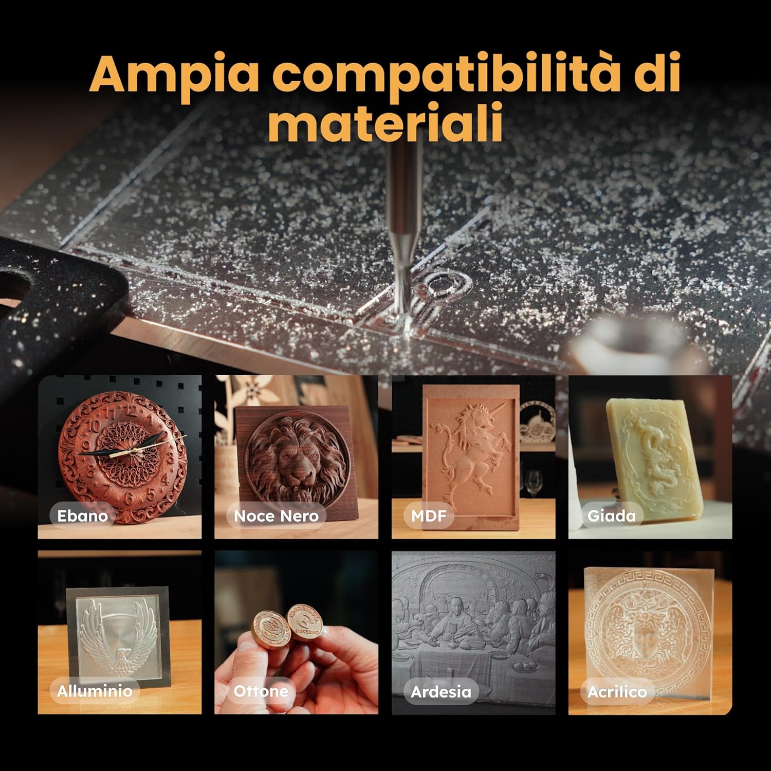 Collage of various materials like ebony, black walnut, MDF, jade, aluminum, brass, slate, and acrylic, showing engraved and milled designs