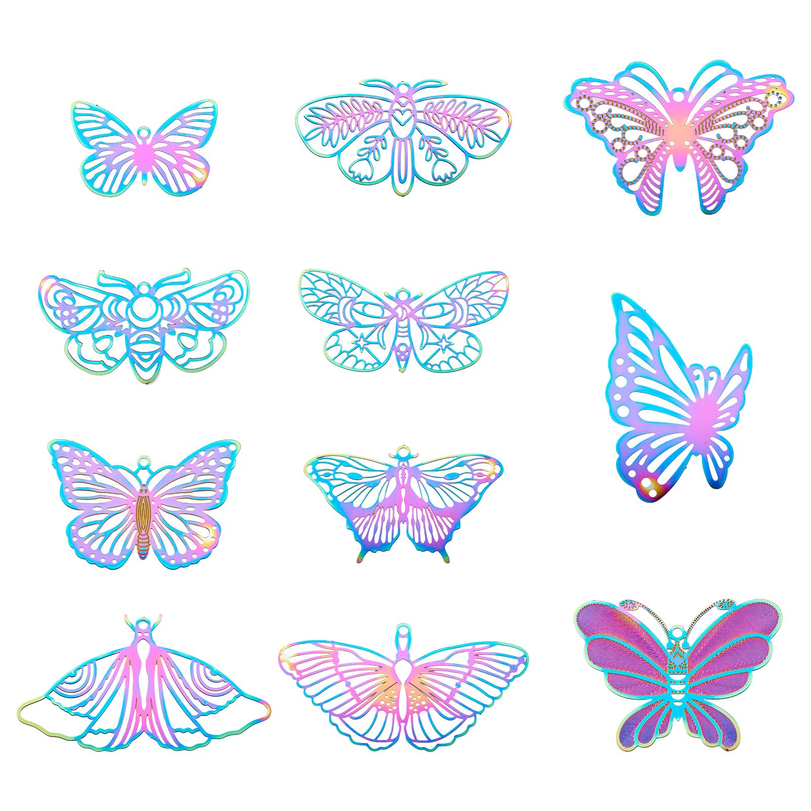 Bestewelry 22Pcs 11 Styles 201 Stainless Steel Butterfly Charms Pendants Rainbow Color Butterfly Filigree Etched Metal Embellishments for DIY Necklace Earrings Jewelry Making