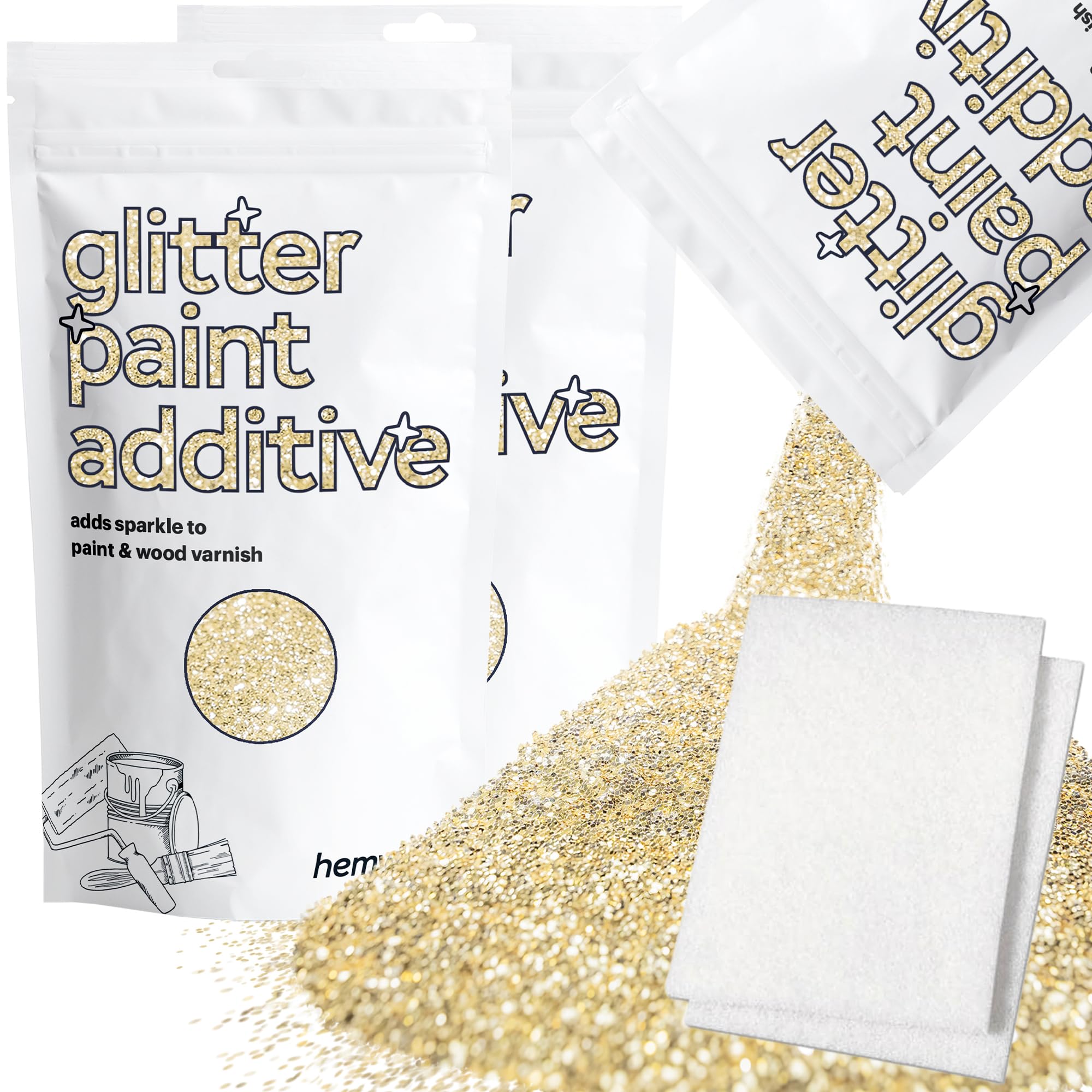 Hemway Champagne Gold Glitter Paint Additive 200g with 2X Buffing Pads for Adding Sparkle to Paints & Varnish | Paint Walls Sparkly Add to Emulsion, Acrylic or Lacquer Indoor