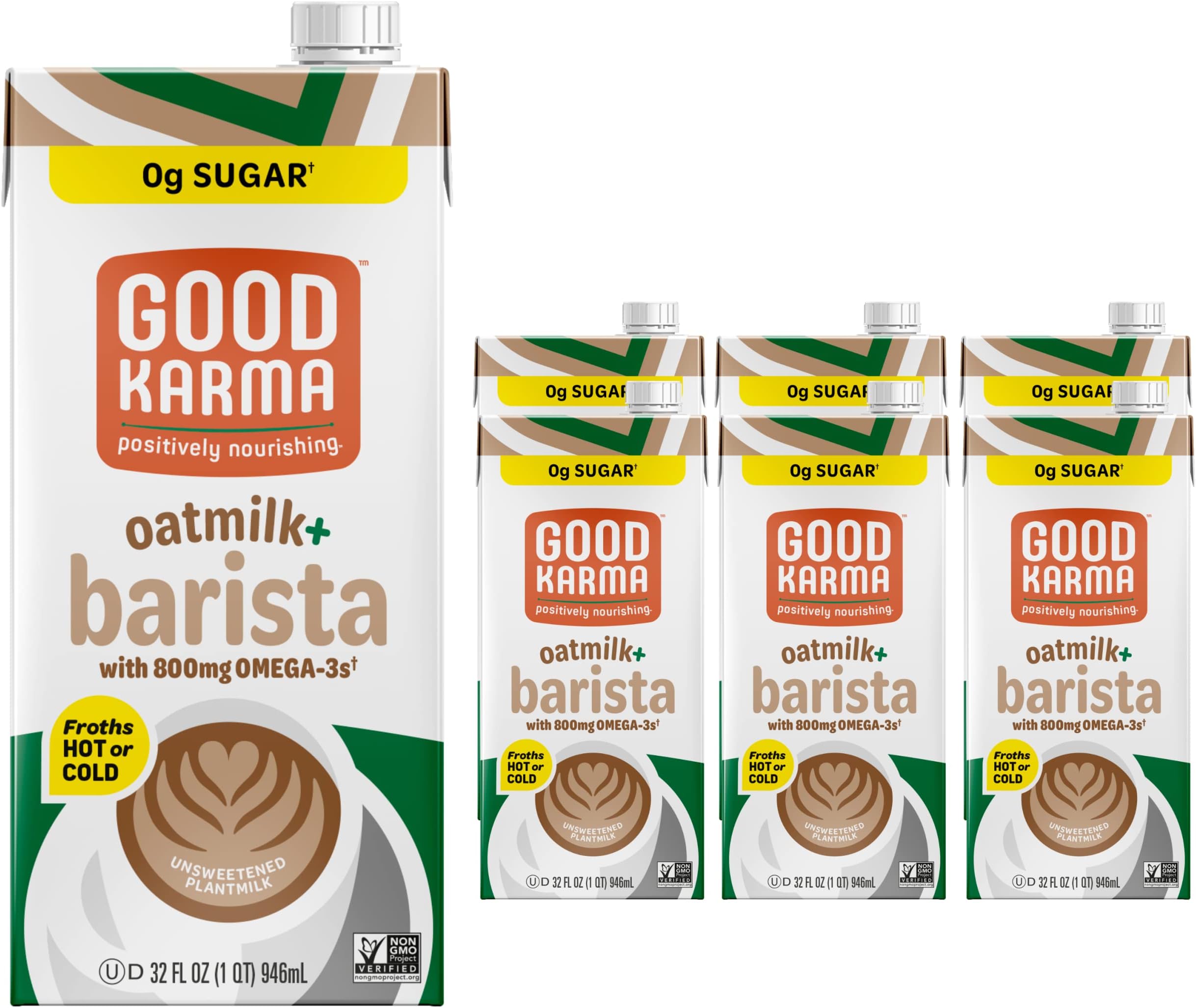 Good Karma Unsweetened Oatmilk + Barista Blend, 32 Ounce (Pack of 6), 800mg Omega -3s, Plant-Based Non-Dairy Milk Creamer Alternative with Oats, Flax and Peas, Lactose Free, Vegan, Shelf Stable