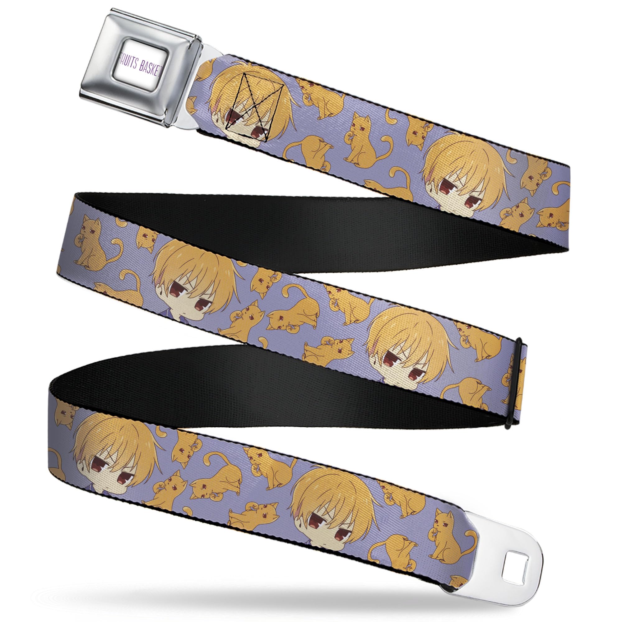 Crunchyroll Belt, Seatbelt Buckle Belt, Fruits Basket Chibi Kyo Soma and Cat Scattered Blue Orange, Youth 20 to 36 Inches
