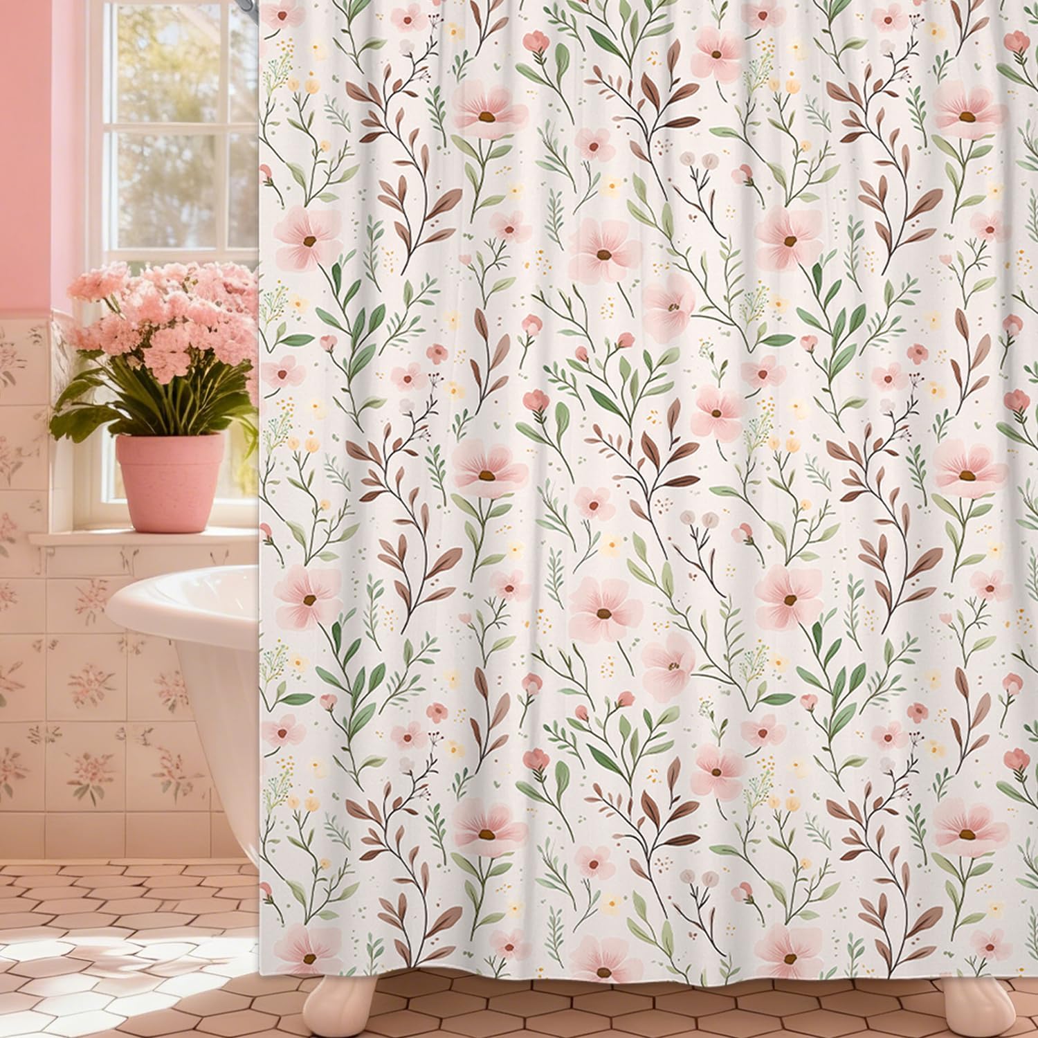 NYMB Pink Shower Curtain, Light Pink Floral with Leaves Shower Curtains for Boho Farmhouse Countryside Cottagecore Bathroom Decor, Waterproof Polyester Fabric Bath Curtain with Hooks, 72 W X 78 H Inch