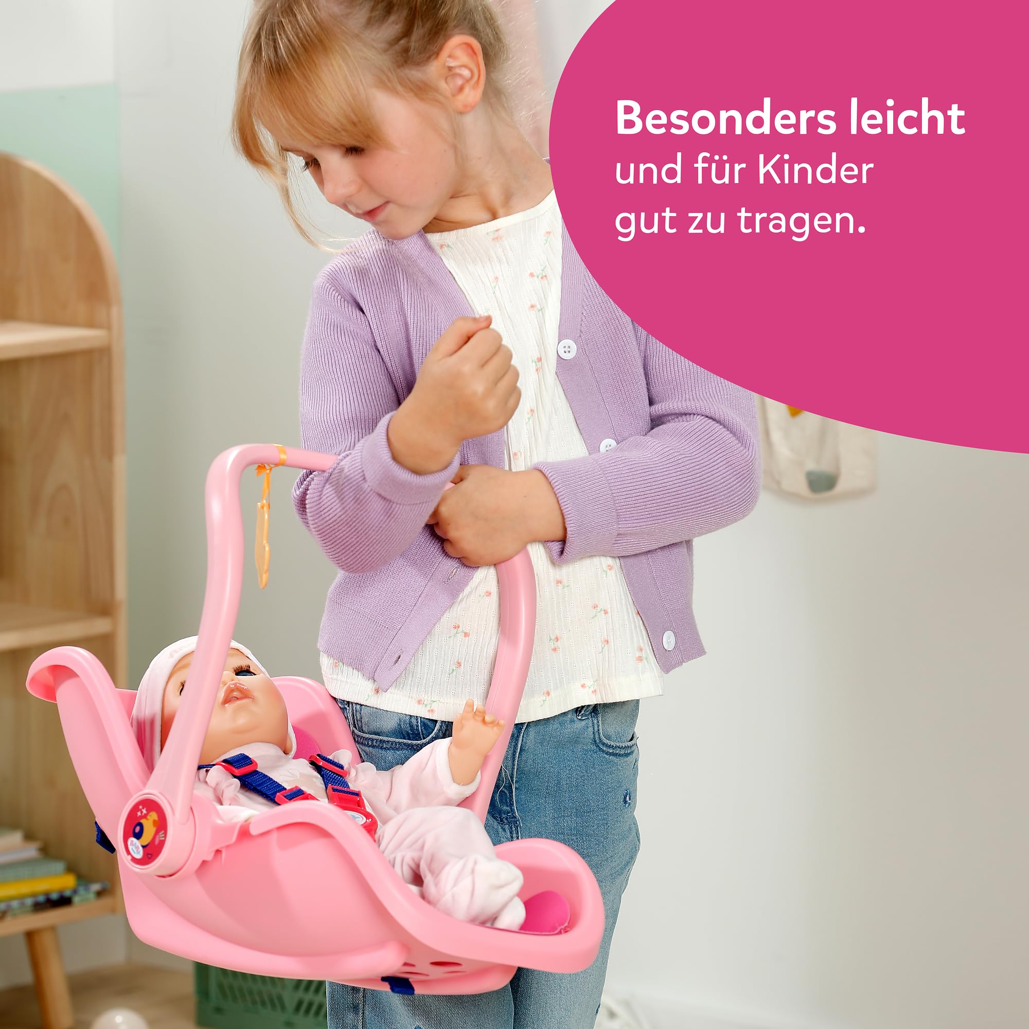 BABY born Babyschale Pink, Puppen-Babyschale mit Tragegriff, Sicherheitsgurt und Anhänger