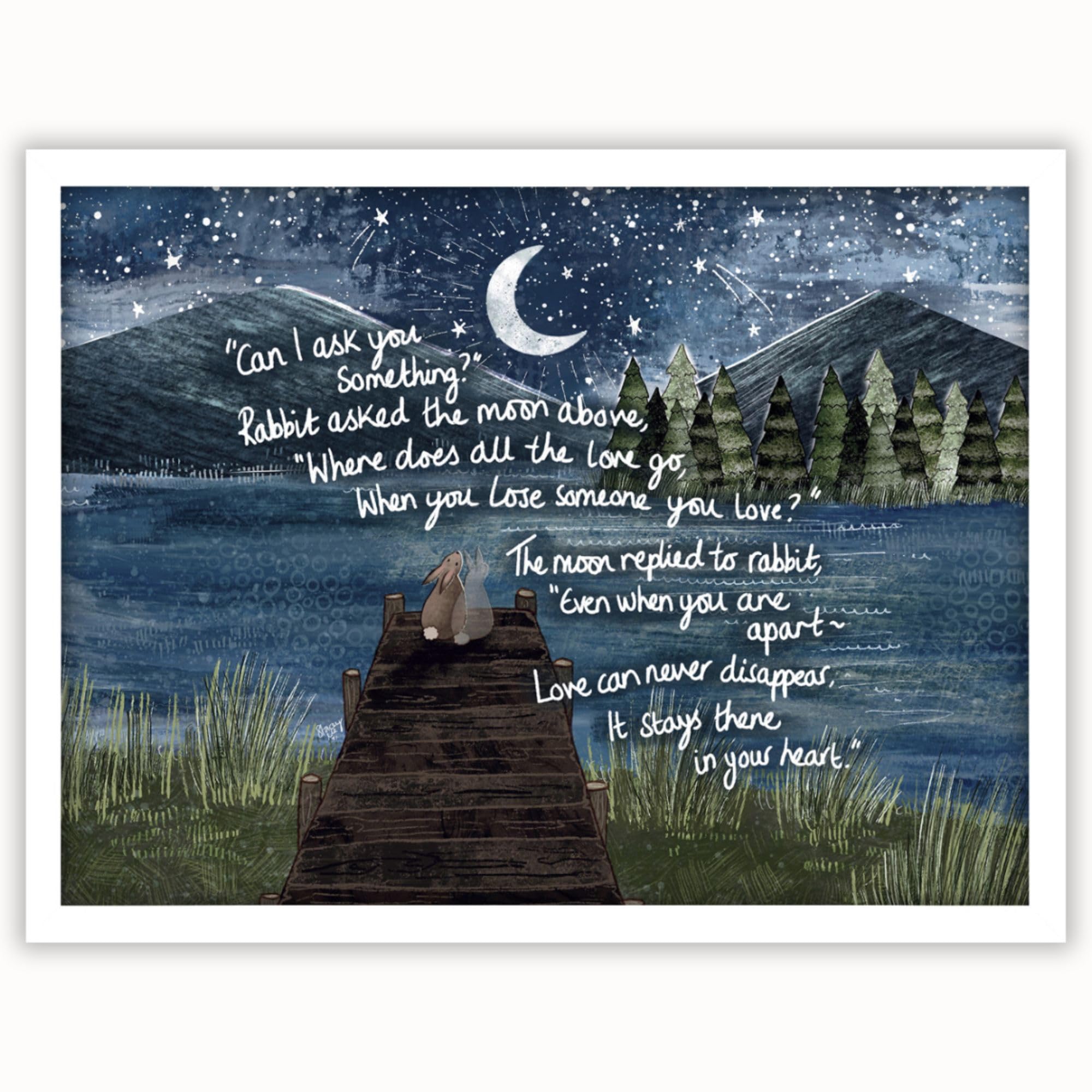 Artko Multicoloured – Remembrance Framed Print – 'Love Never Disappears' Rabbits & Moon Wall Art For Bereavement, Loss Of Loved One, Sympathy Or Thinking Of You Gift – 32×42Cm White Frame