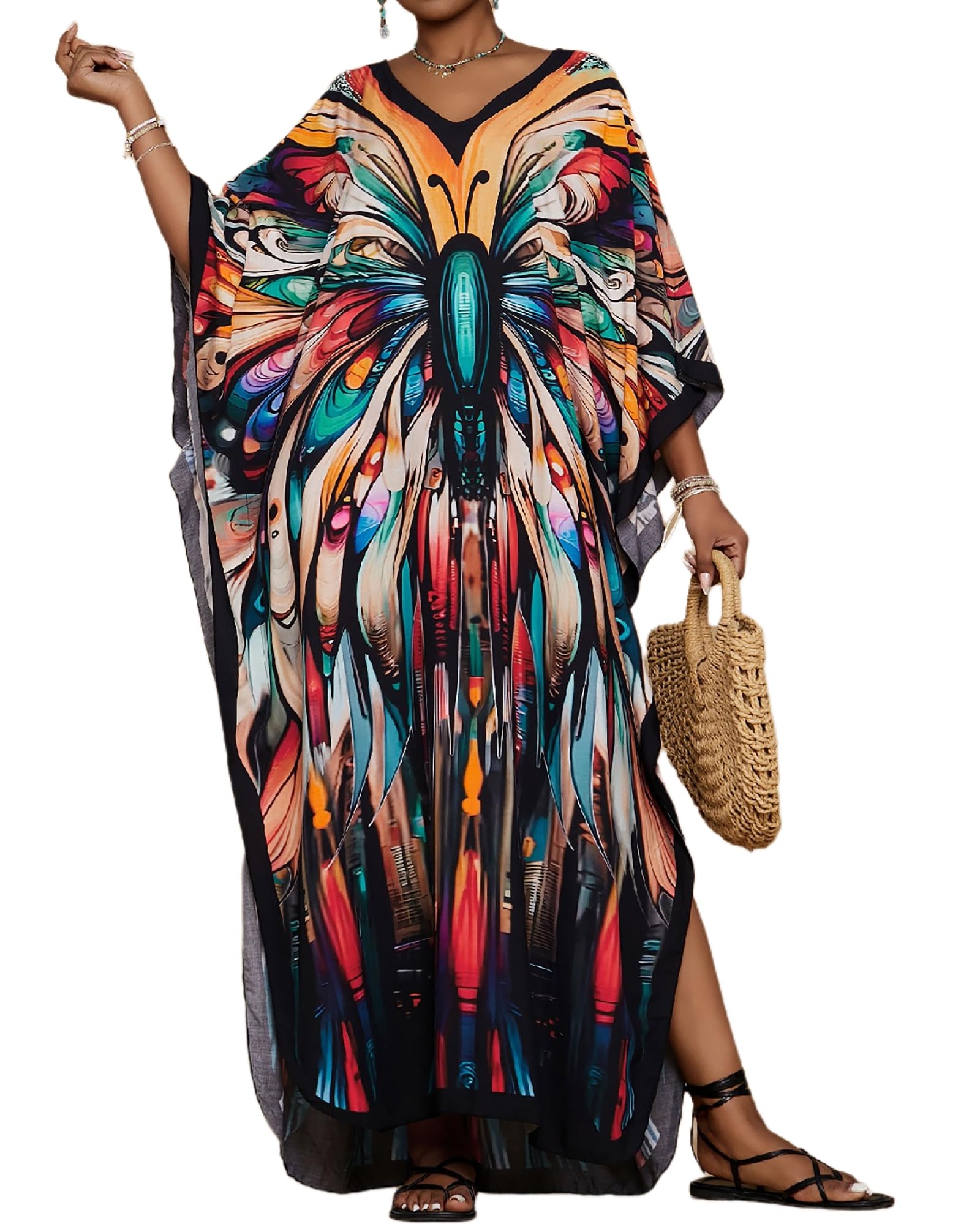 BsubseachKaftan Dresses for Women Floral Print Caftans Bathing Suit Cover Ups Plus Size Long Beach Coverup Dress