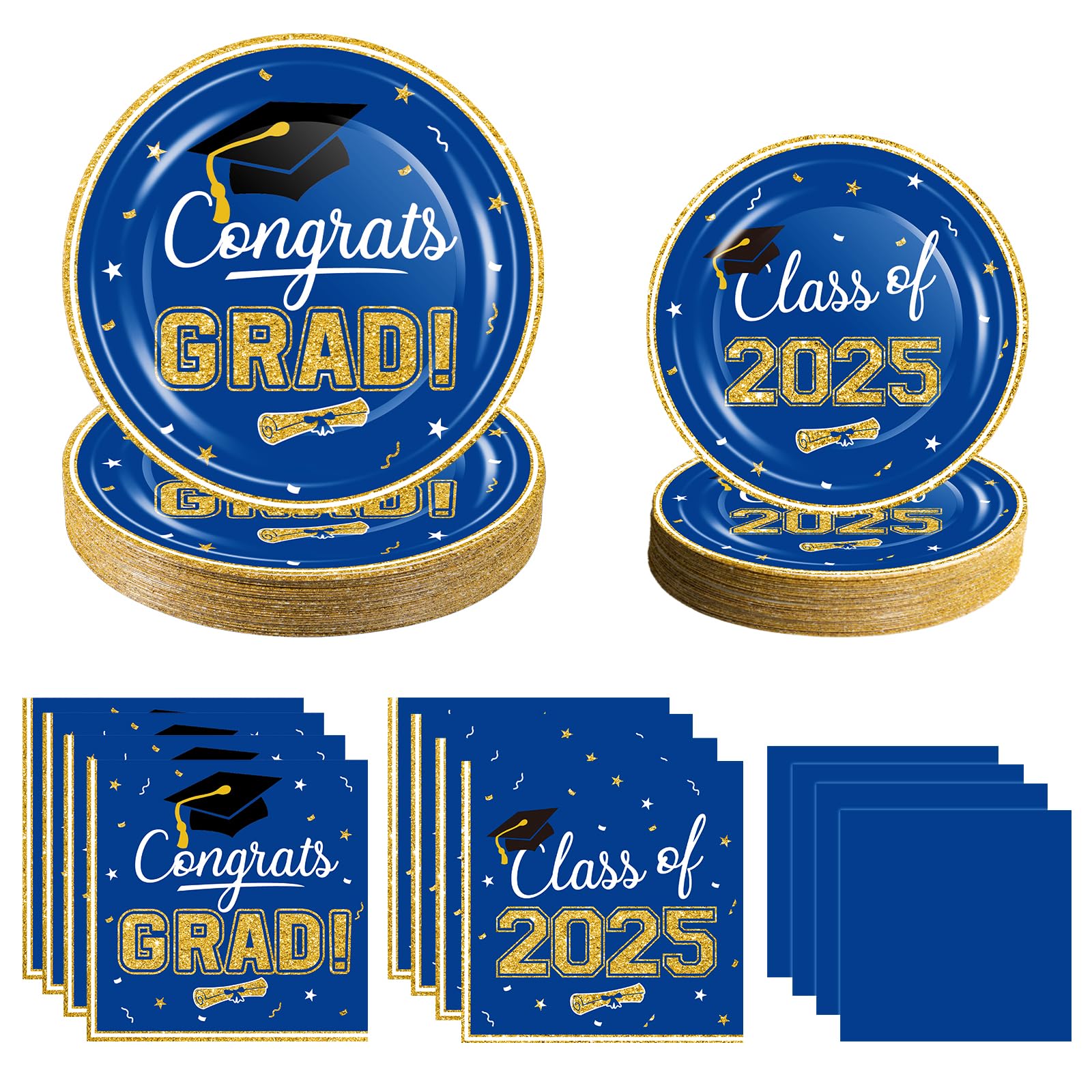 2025 Graduation Party Supplies Tableware Set - 200 Pcs Blue Gold Graduation Plates and Napkins Class of 2025 Disposable Dinnerware for College High School Congrats Grad Party Favors, Serve 50