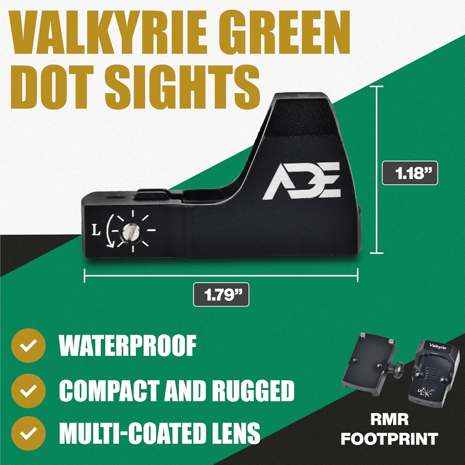 Ade Advanced Optics Valkyrie 4 MOA Green Dot Sight – Compact Red Dot Optic for Optics-Ready Pistols – RMR Footprint – Reflex Sight with Shake Awake Technology - S/N: RD3-023