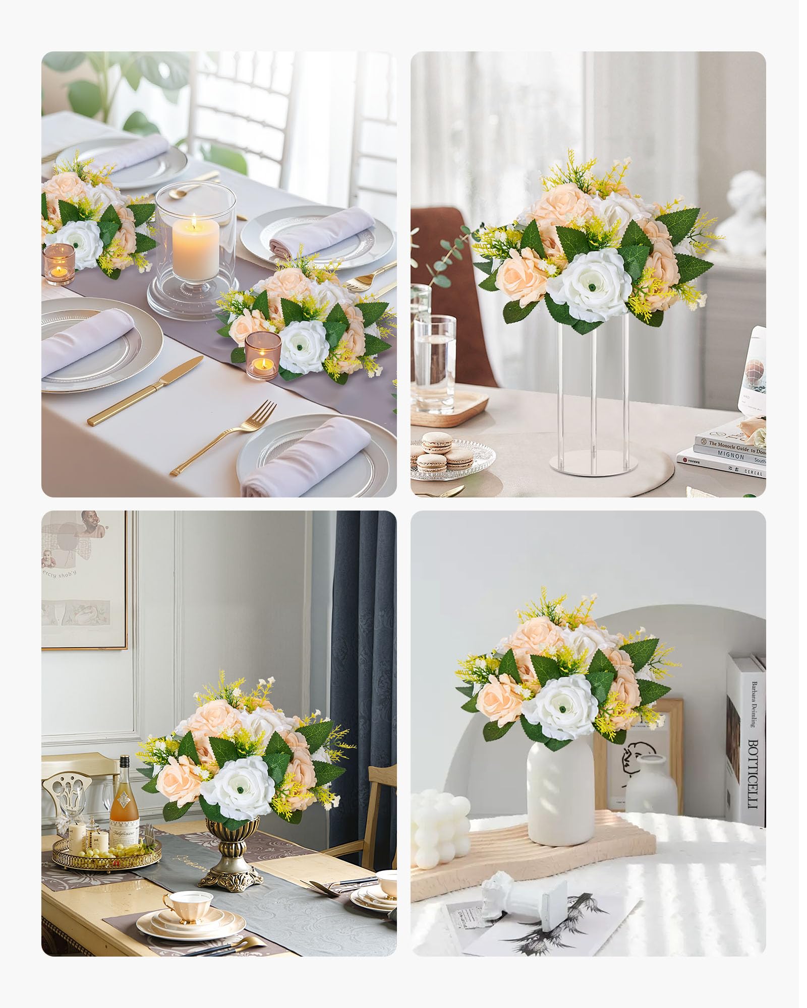 VEVOR Kunstblumen, 10 Stück, 240x240x120 mm, künstliche Blumenkugeln, Seidenrosen, Rosenarrangements für Hochzeiten, Partys, Tischdekorationen und Wohndeko, Champagnerfarbene & weiße Rosen
