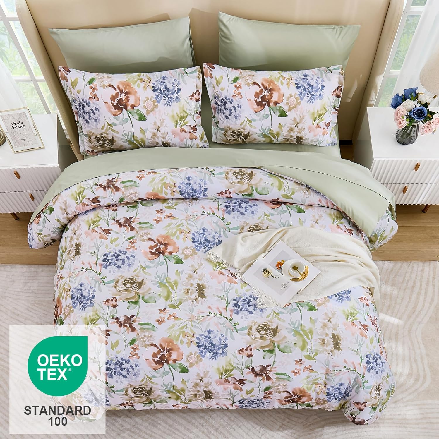 Luxudecor Floral Comforter Set Queen Size 7 Pieces Bed in a Bag, Green Flower Watercolor Bed Set, Soft Comforter with Sheet Set 90"x90"