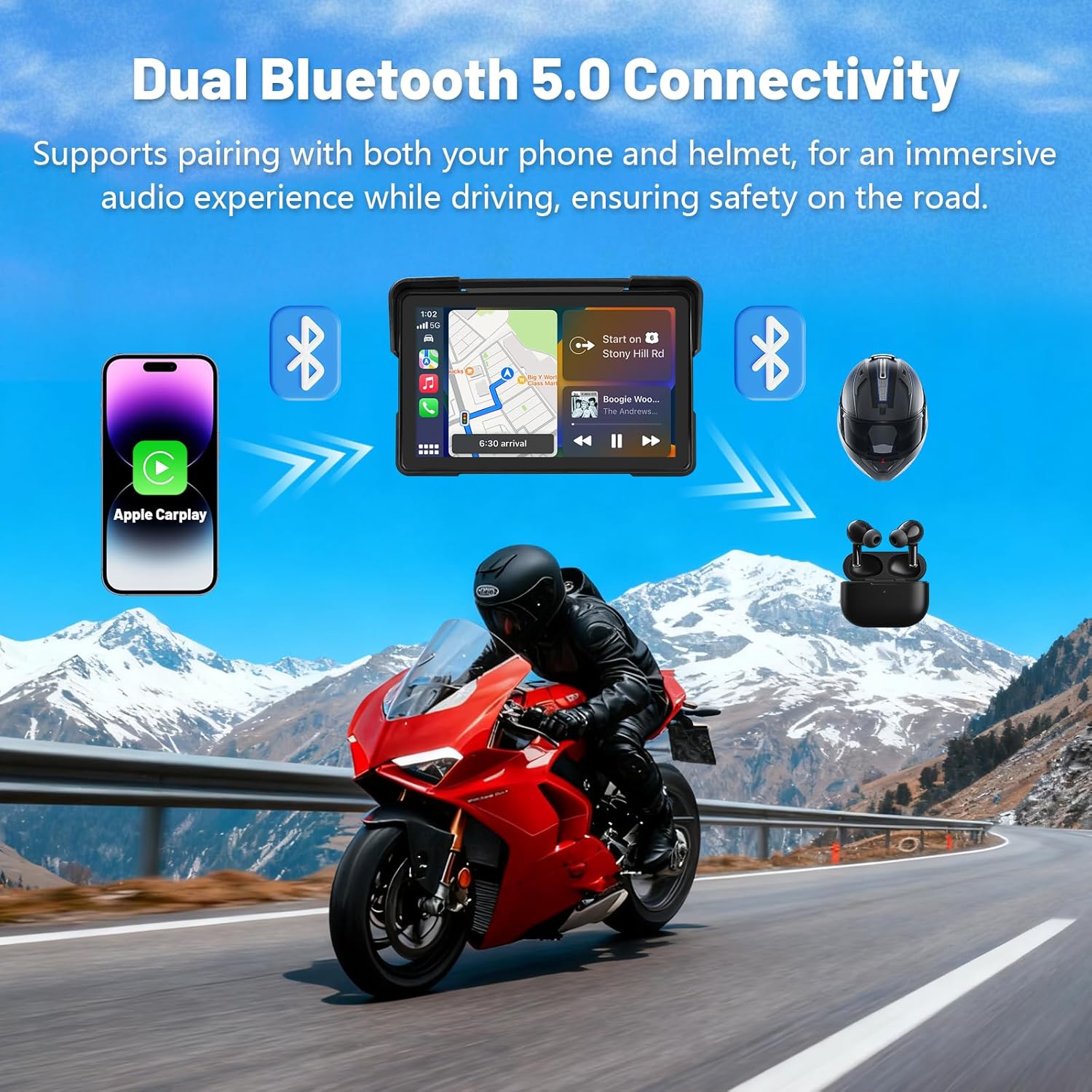 7Inch Motorcycle Carplay, GPS Navigation System with Apple CarPlay & Android Auto, Waterproof Touchscreen, IP67 Waterproof for Motorbike, Support Dual Bluetooth, Siri, Google Assistant