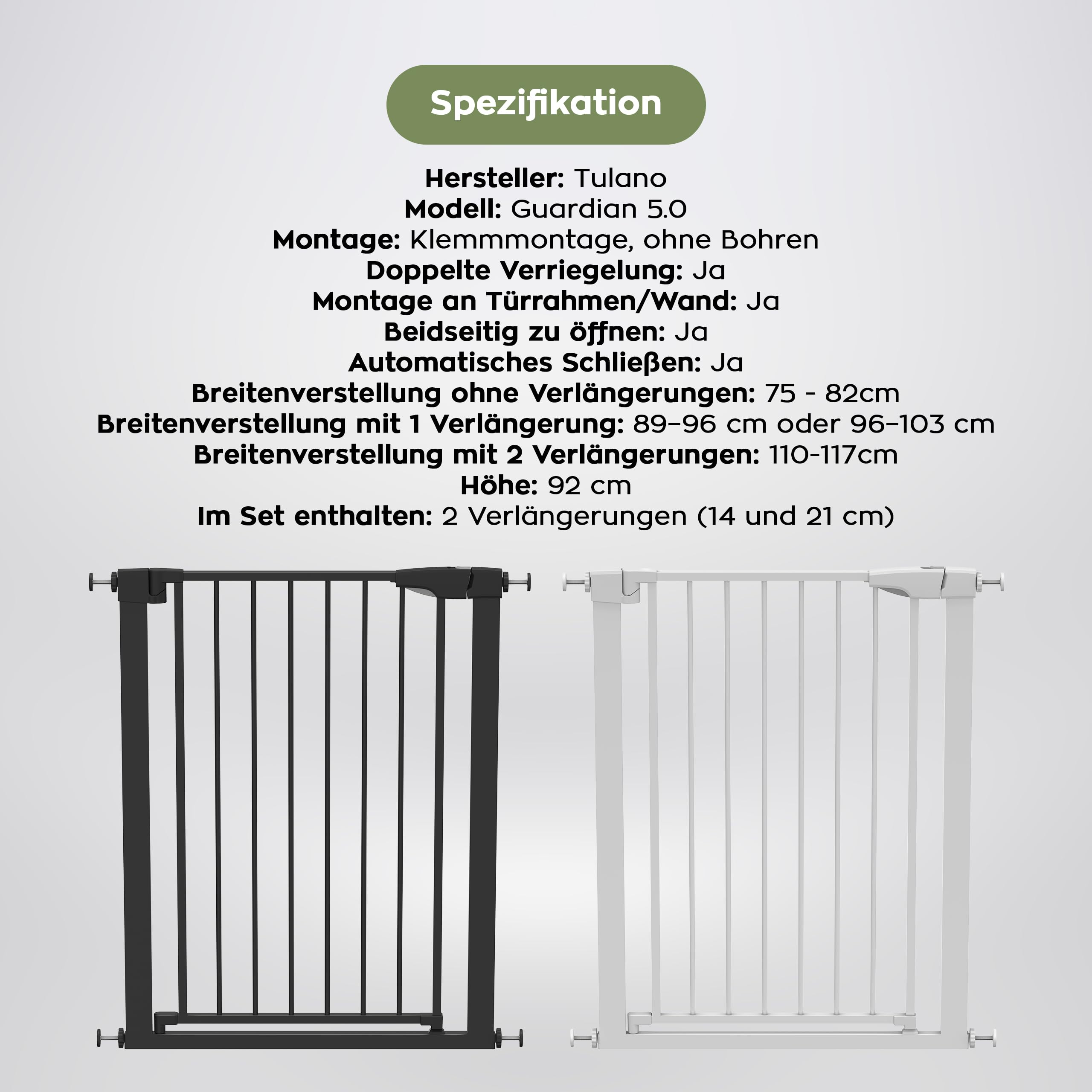 Tulano Guardian 5.0 Treppenschutzgitter ohne Bohren - 75–117 cm | Für Treppen und Türen - 92 cm hoch - beidseitig mit einer Hand öffnen - schließt automatisch - 2 Verlängerungen -Schwarz