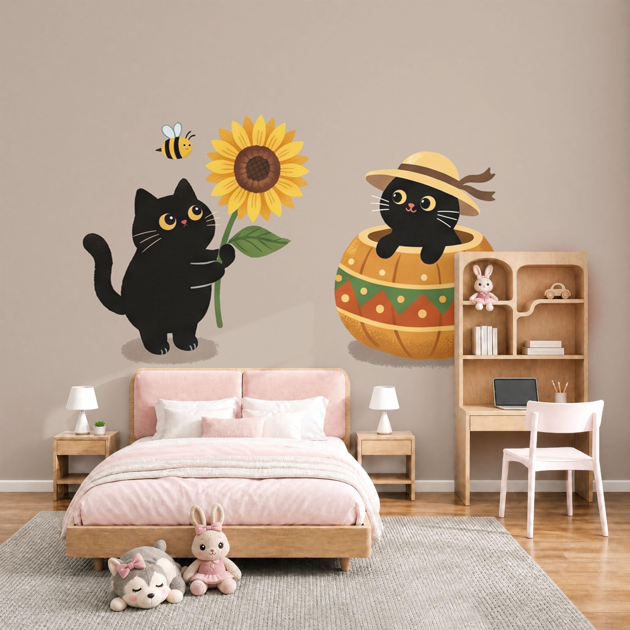 Papier peint panoramique tournesol chat noir pour salon élégant