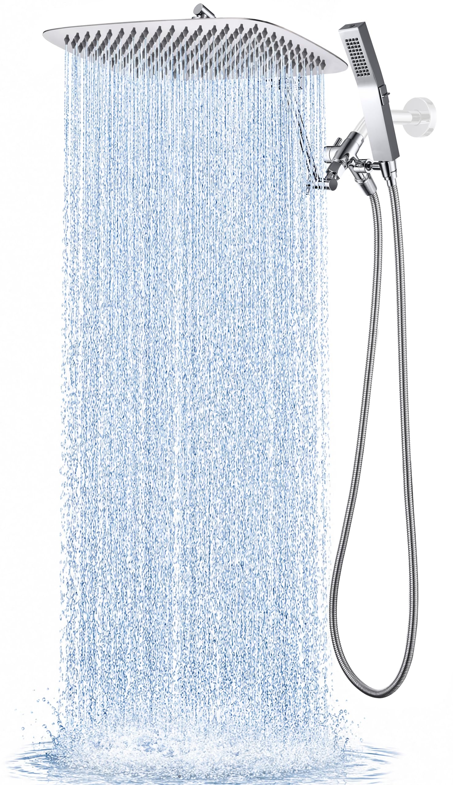G-Promise Cabezal de ducha de lluvia de metal de 16 pulgadas con combo de pulverización de mano, desviador de 3 ajustes, brazo de extensión ajustable con juntas de bloqueo, manguera de acero