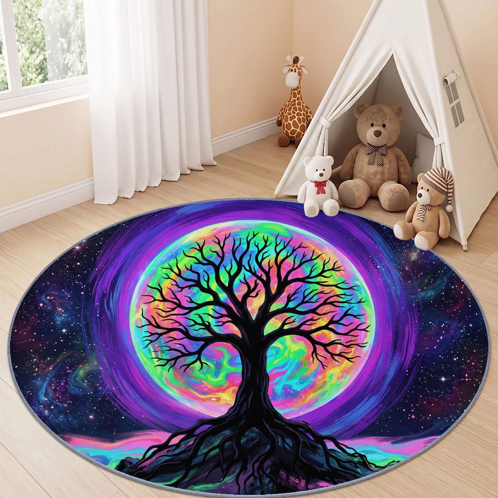 Générique 150 cm Tapis Rond De Style Fantaisie Tapis Arbre De Vie Lune Galaxie Ultra Fin, Doux, Antidérapant, Lavable - Convient pour Chambre à Coucher Entrée Salle à Manger Dortoir Familial