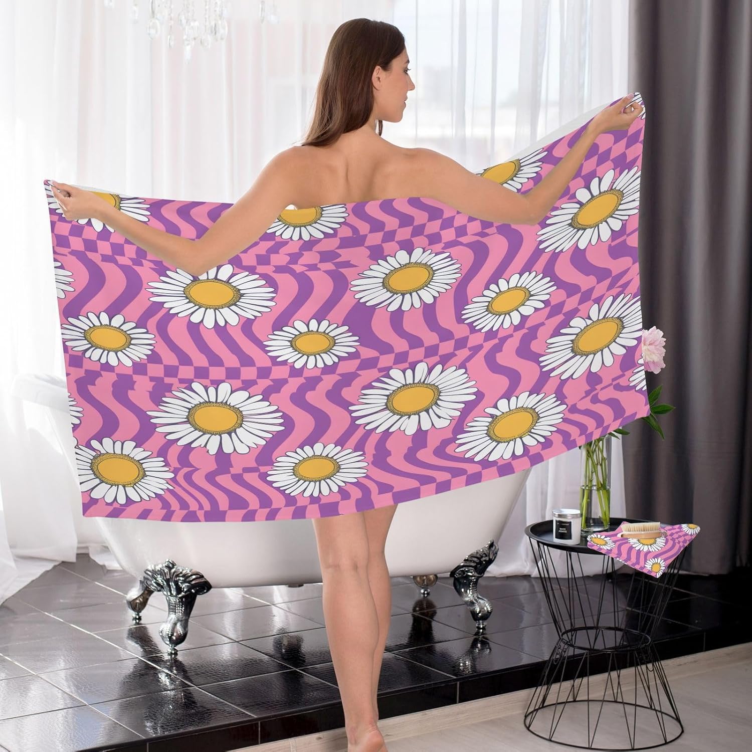 Hand Towels Premium Soft and Highly Absorbent Chessboard with Flowers Daisy 2 Pcs Towels for Bathroom Set 100% Cotton Decorative Face Towels