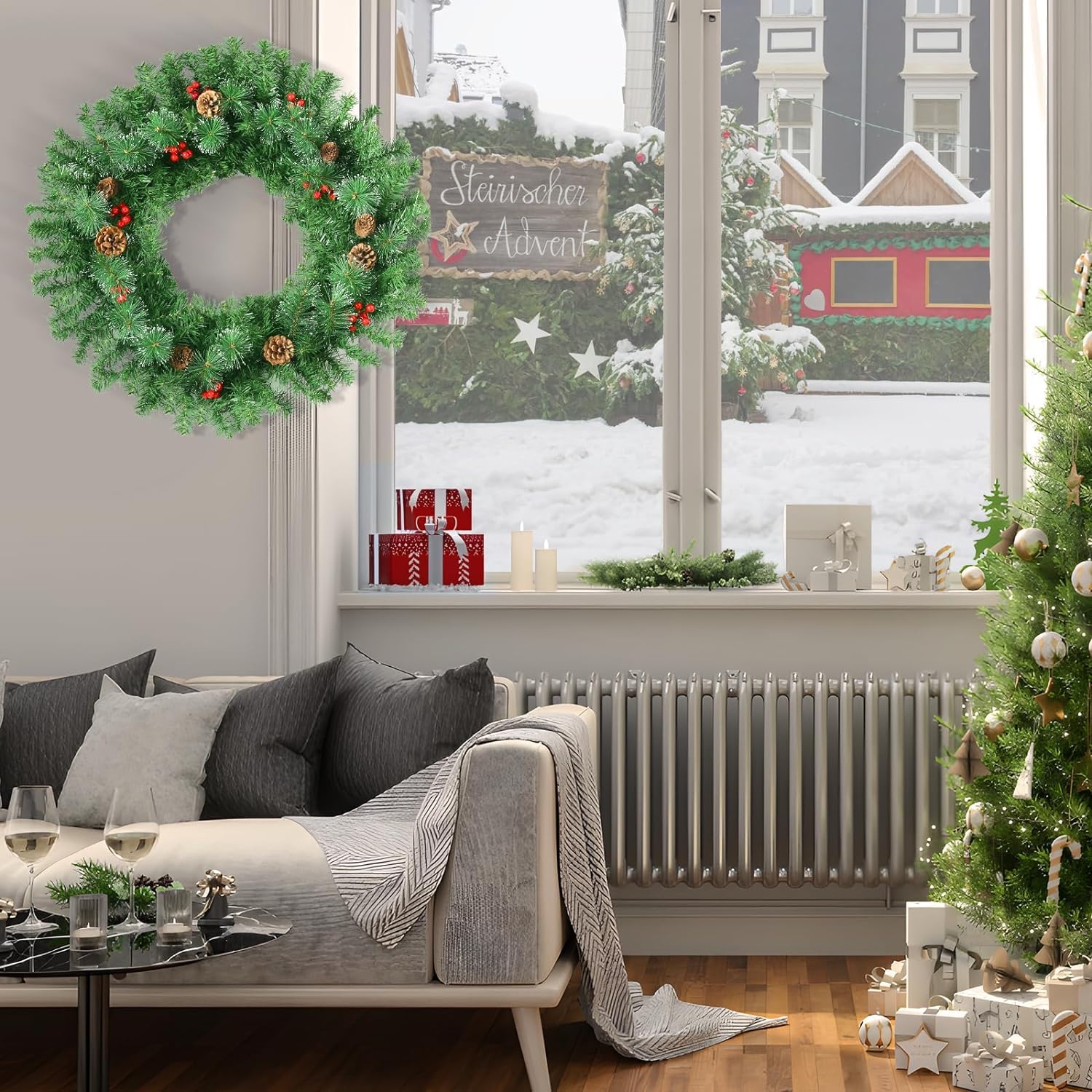 Uten Guirnalda de Navidad Artificial, Corona de Pino de PVC de 2,7 m, 12 Piñas y 12 Frutos Rojos, 240 Ramas, Decoración Navideña, Adecuada para Marcos de Puertas, Chimeneas, Escaleras, Ventanas