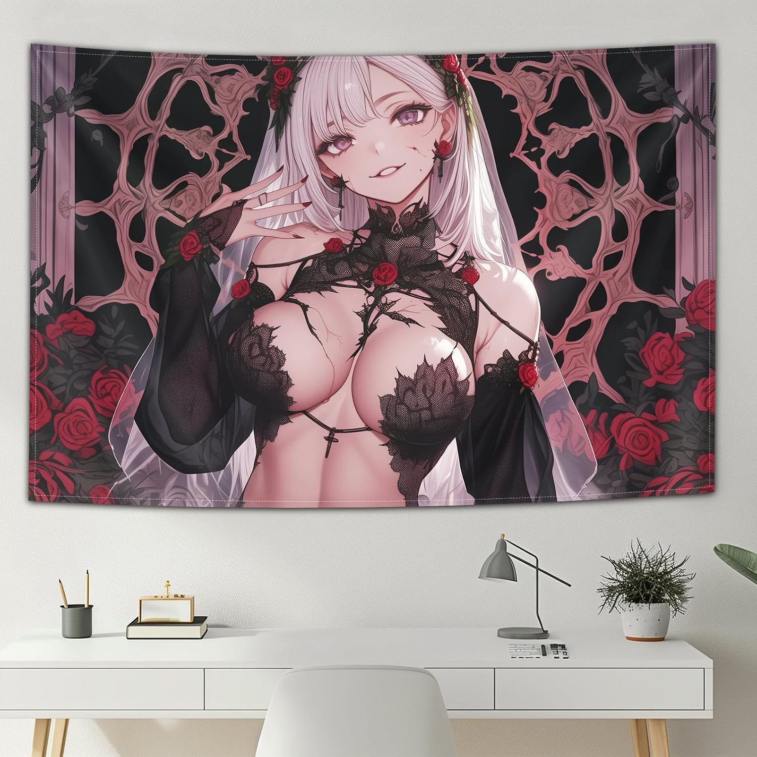 kubaricasy Gothic Anime WAIFU Tapestry, Silver Hair Girl with Red Roses Wall Hanging, Aesthetic Dark Romantic Lace Art, Soft Peach Skin Fabric for Bedroom Decor, Gamer Room Setup, Dorm,, 150 x 100 cm 60"x40" image 2