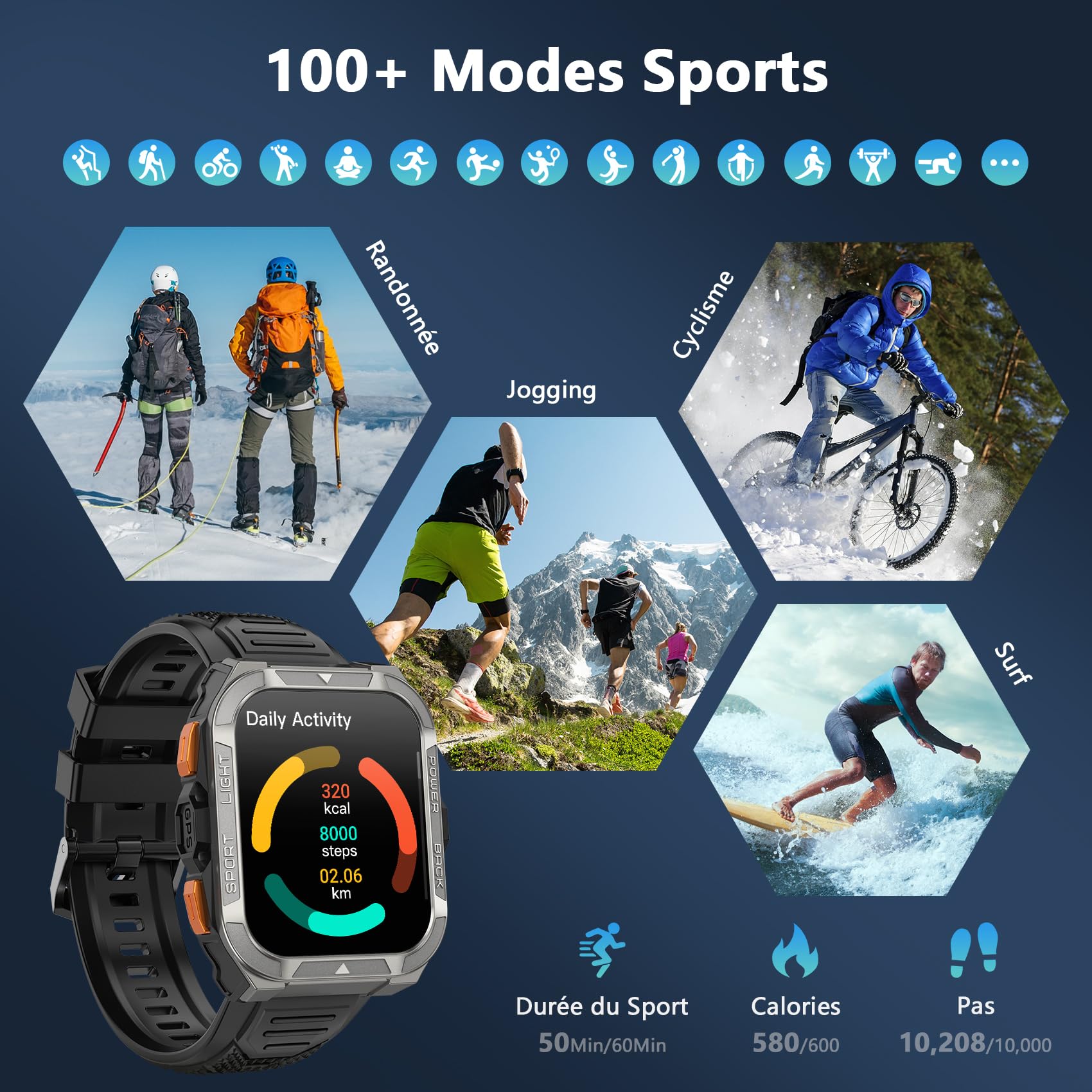 Blackview Montre Connectée Homme avec GPS Intégré, Montre Connectée Appel Bluetoot 900 mAh Batterie, Montre Sport avec Podometre,110+ Sportifs,Suivi Santé et Sommeil, Smart Watch pour Android iOS