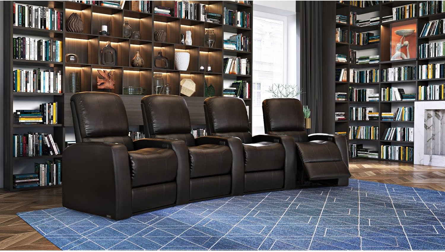 Octane Seating Blaze XL900 Home Theater Recliners - Brown Top-Grain Leather - Memory Foam - USB Charger - Lighted Cup Holders - Power Recline - Curved Row of 4 Chairs
