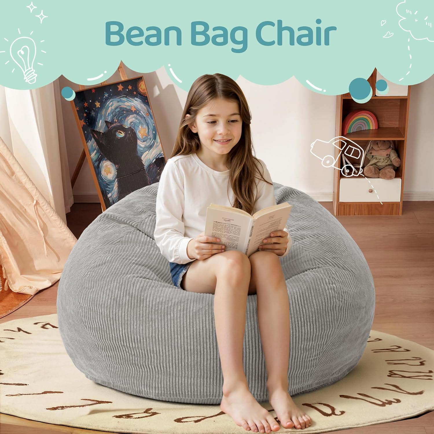 2FT Bean Bag Chair: 2' Bean Bags with Memory Foam Filled,Comfy Beanbag Chairs Teardrop Bean Bag Sofa with Corduroy Cover, Light Grey