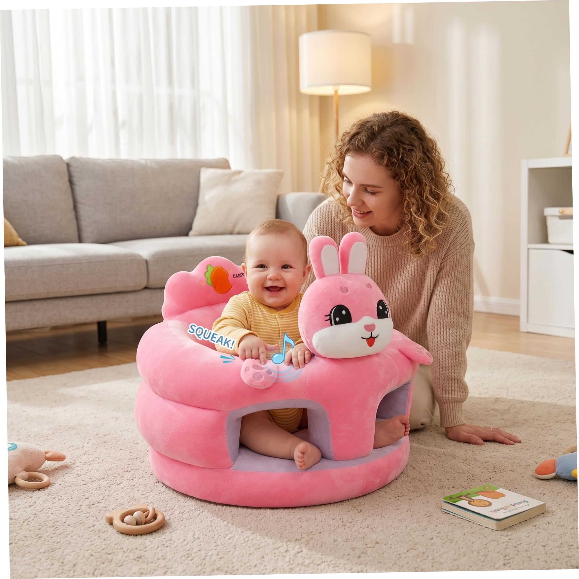 Babysitzstuhl, Sit Me Up-Bodensitz für Babys, tragbarer Sitzstuhl mit ergonomischer Unterstützung und weichem Plüschstoff, Hasendesign für Kleinkinder von 3 bis 12 Monaten, Sitze für Kleinkinder ab 3