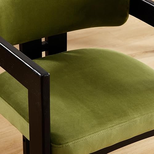 Miniatura 5 de Juego de 6 sillas de comedor tapizadas con brazo y respaldo, cojín verde terciopelo, patas de madera negra