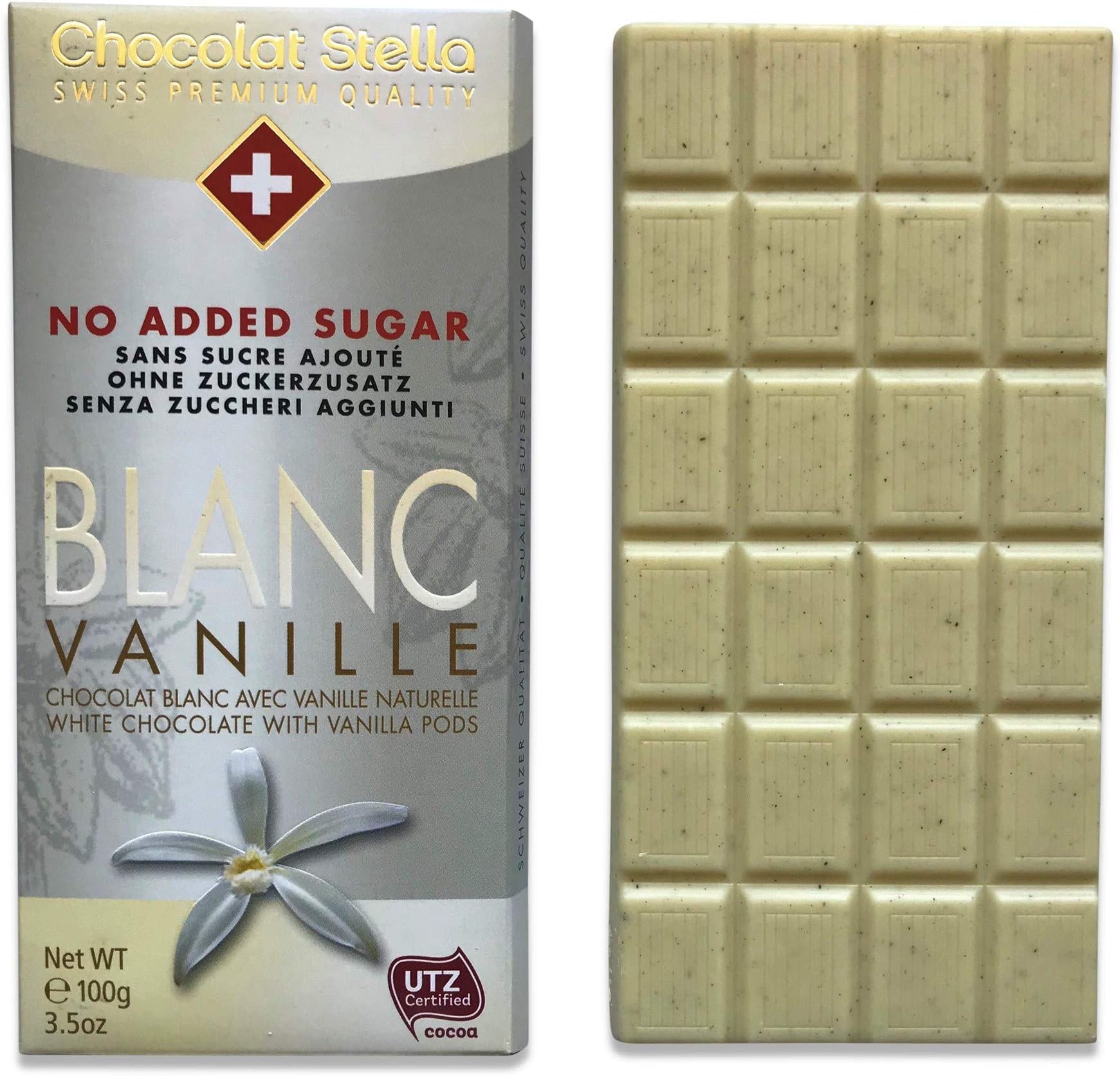 Premium Swiss White Chocolate - No Sugar Added, Low Carb (3g Net Carbs), Diabetic and Keto-friendly, UTZ-certified, Chocolat Stella, Imported from Switzerland (4 Bars)