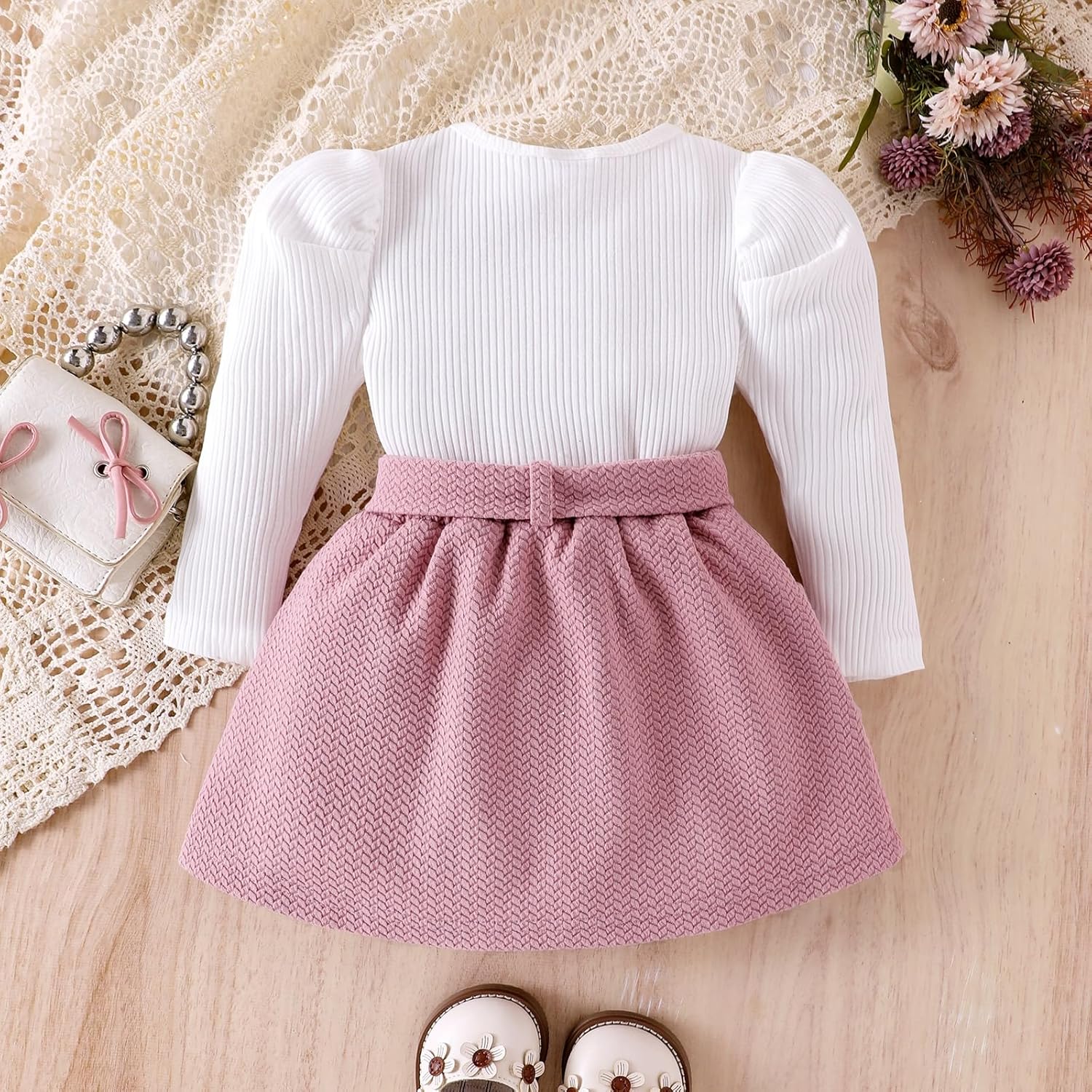 Toddler Girl Clothes Baby Fall Winter Outfits Knitted Puff Sleeve Tops + Infant Short Skirt + Belt 3Pcs 12 Months- 4T - Image 4