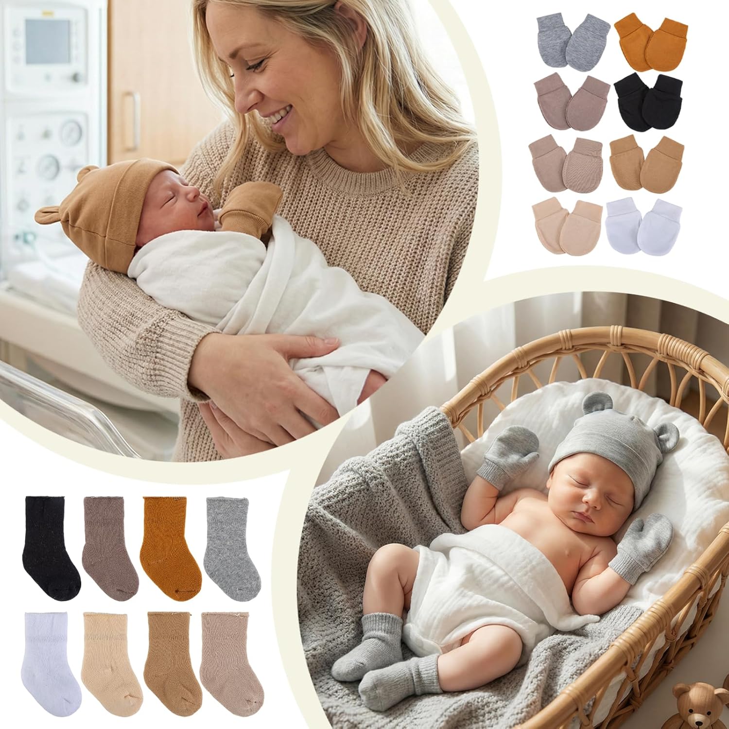 8 Pack Newborn Preemie Mittens Hats Socks Set - Unisex Beanie with Bear Ears,Cotton,NICU Essentials for Baby Girl Boy