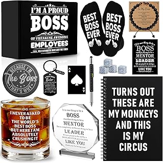 15 Pcs Boss Day Gifts for Men Whiskey Glass Set, Best Boss Ever Gifts with 11 Oz Whisky Glass Coaster Stones Socks Crystal Plaque Spiral Notebook Keychain, Bosses Inspirational Gift from Employees