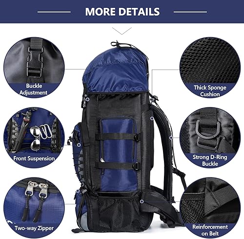 Miniatura 4 de Mochila de senderismo de 90L, bolsa de camping impermeable con cubierta de lluvia, mochila ligera para mochileros, sin marco