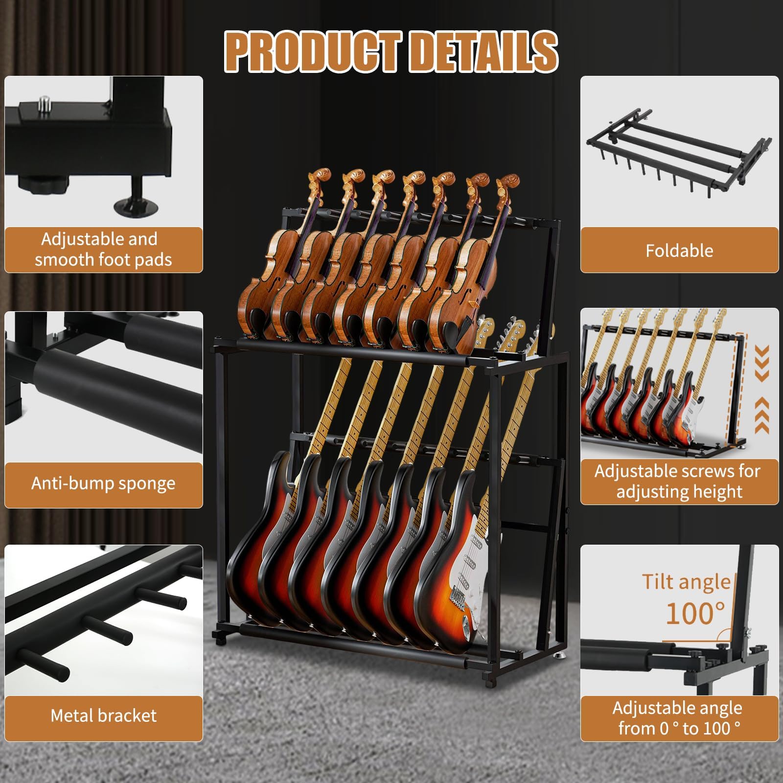 Gitarrenständer, Gitarrenhalter für 14 Gitarren, Faltbarer Multi-Gitarrenständer mit weichem Schwamm für Akustikgitarre, E-Gitarre, Bass, Abnehmbar in zwei separate Gitarrenhalterungen.