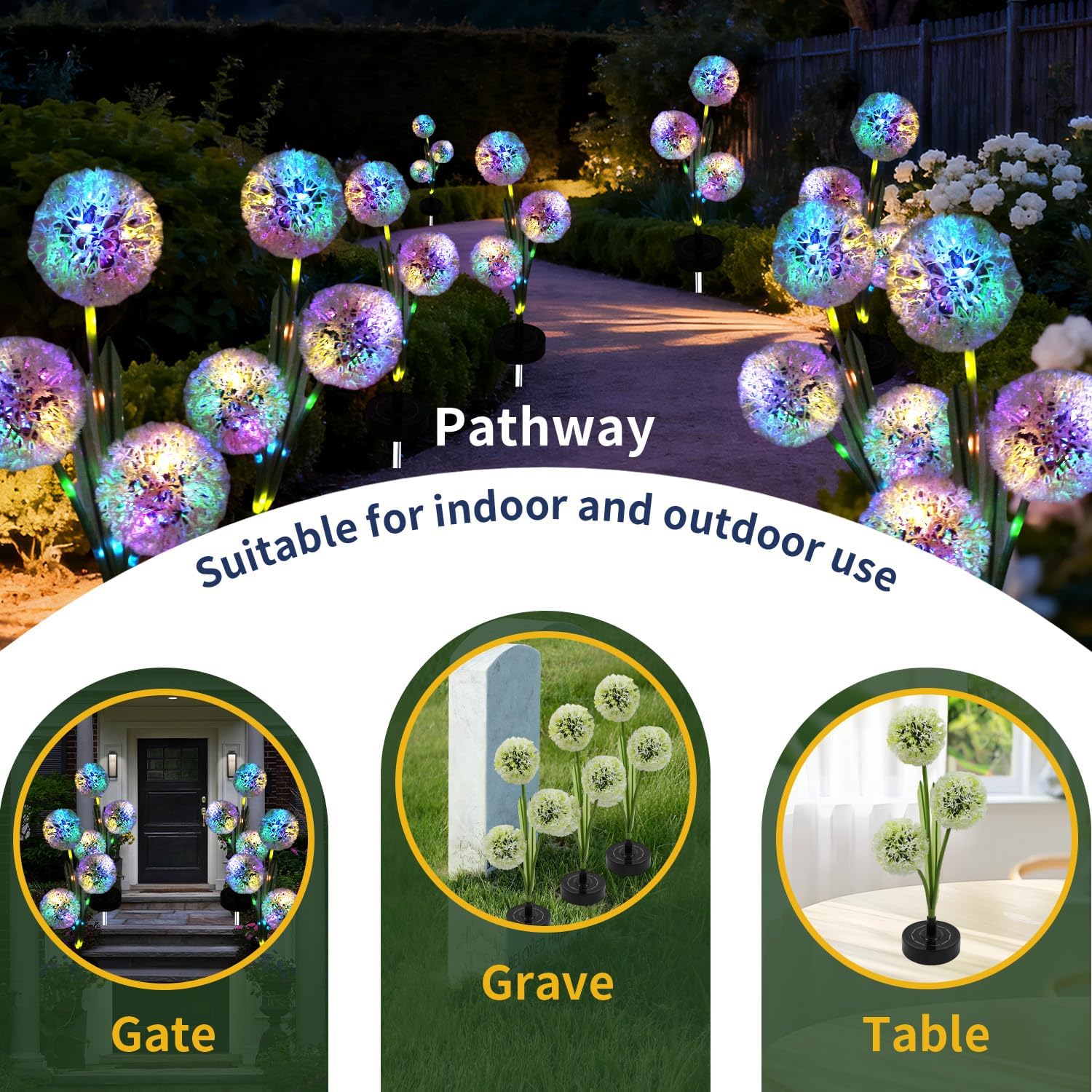 Solar Garden Lights Outdoor - Solar Flowers Lights Outdoor Decorative Waterproof Upgraded, 40 Hours Dandelion Light Yard Pathway Solar Powered Lamp, Cemetery Decorations, Backyard Decor, 4pcs
