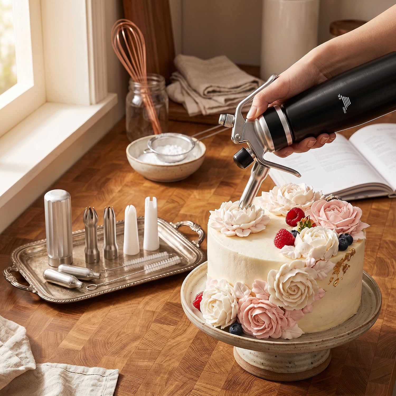 Professional 500 mL Aluminum Whipped Cream Dispenser, Whipped Cream Dispenser, With 6 Decorating Nozzles & 2 Cleaning Brushes, 1 Pint Whip Cream Maker (N20 Charger Not Included), Black