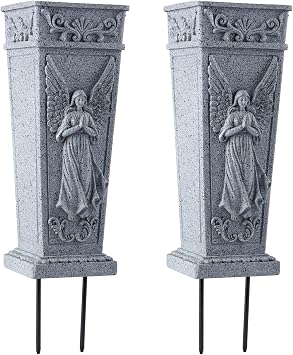 XONOR Cemetery Flowers Vase with Spike, Memorial Grave Vase Resin Flowers Holder for Headstone, Grave, Cemetery, Garden, Lawn, Yard Decorations 2PCS, Grey
