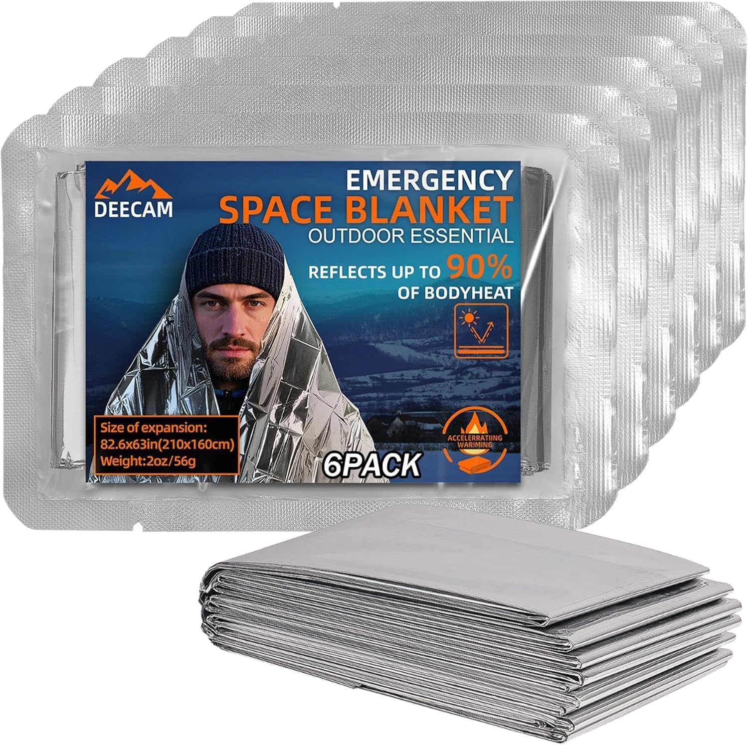 Deecam Emergency Foil Blanket, 6 Pack Survival Emergency Blanket, Mylar Thermal Foil Blankets for Body Warmth, Outdoor, Hiking, Camping & Travel Emergency Gear