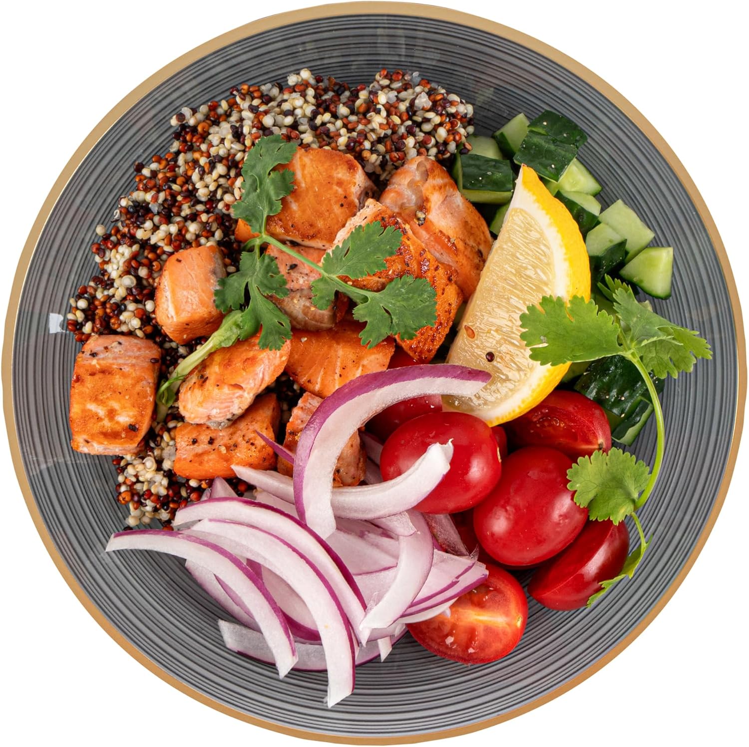 Restaurantware Plastic Plates 20 Pcs 7.25" Gold Rimmed Disposable Plates Heavy-Duty Black Translucent Rippled Plastic Dinner Servers for Party, Weddings, Salads, Desserts, and Appetizers - Image 11