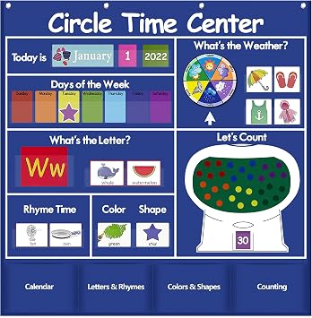 مخطط الجيب لمركز Auchq Circle Time ، تقويم الأطفال للخدمة الشاقة للفصول الدراسية ، مخطط الجيب التعليمي تقويم التعلم الطقس رسالة عد القافية شكل اللون الأزرق