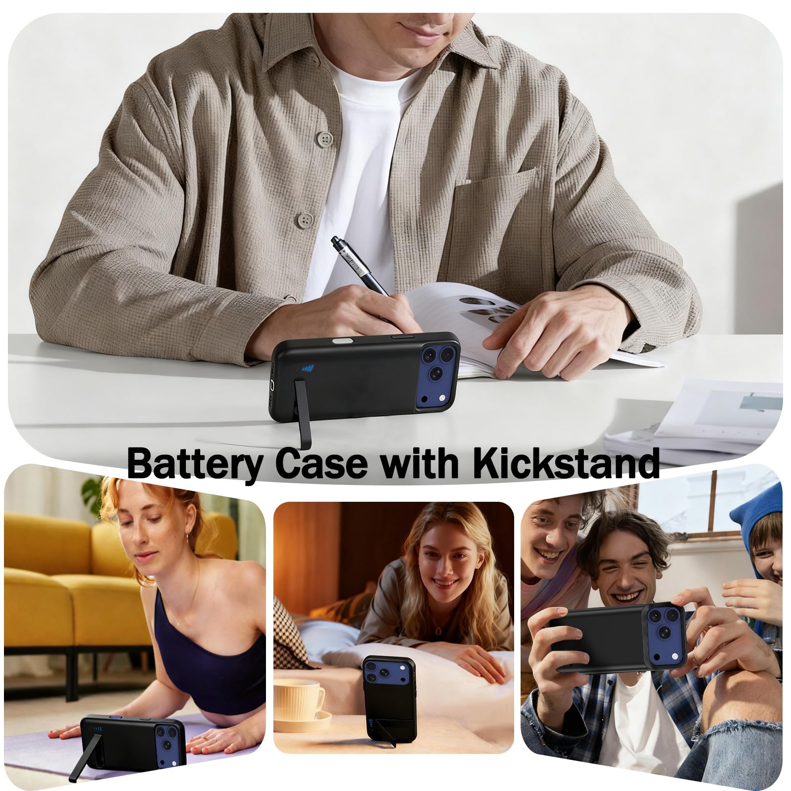 Akkuhülle für iPhone 17 Pro Max (6,9"), 8500mAh Tragbares Ladegerät Wiederaufladbar Akku Hülle mit Standfuß,Powerbank Handyhülle Verlängerte Batteriesicherung für iPhone 17 Pro Max