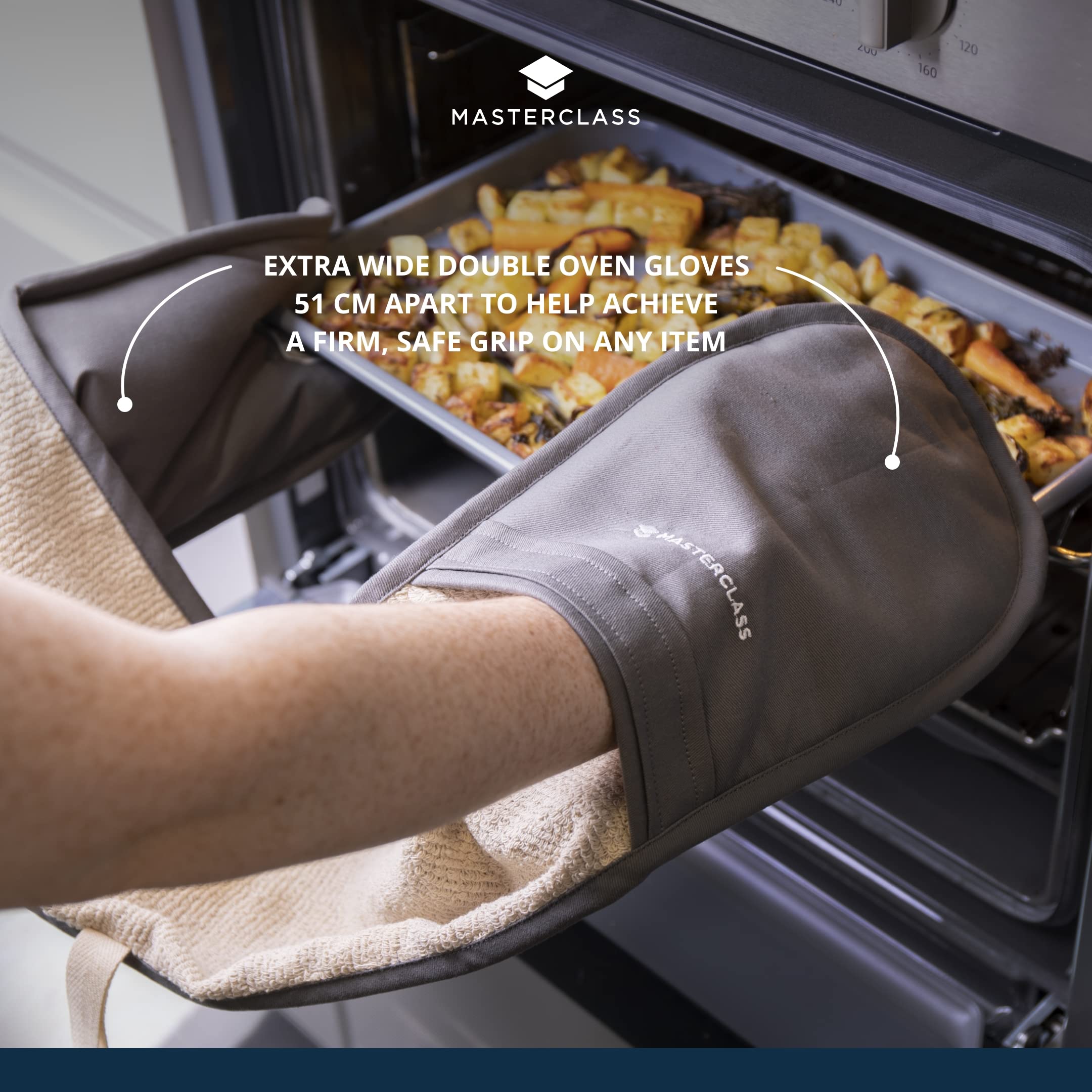 MasterClass Gants de cuisine professionnels de luxe, résistants à la chaleur et double face, coton épais, gants antidérapants pour la cuisine et la pâtisserie, gris