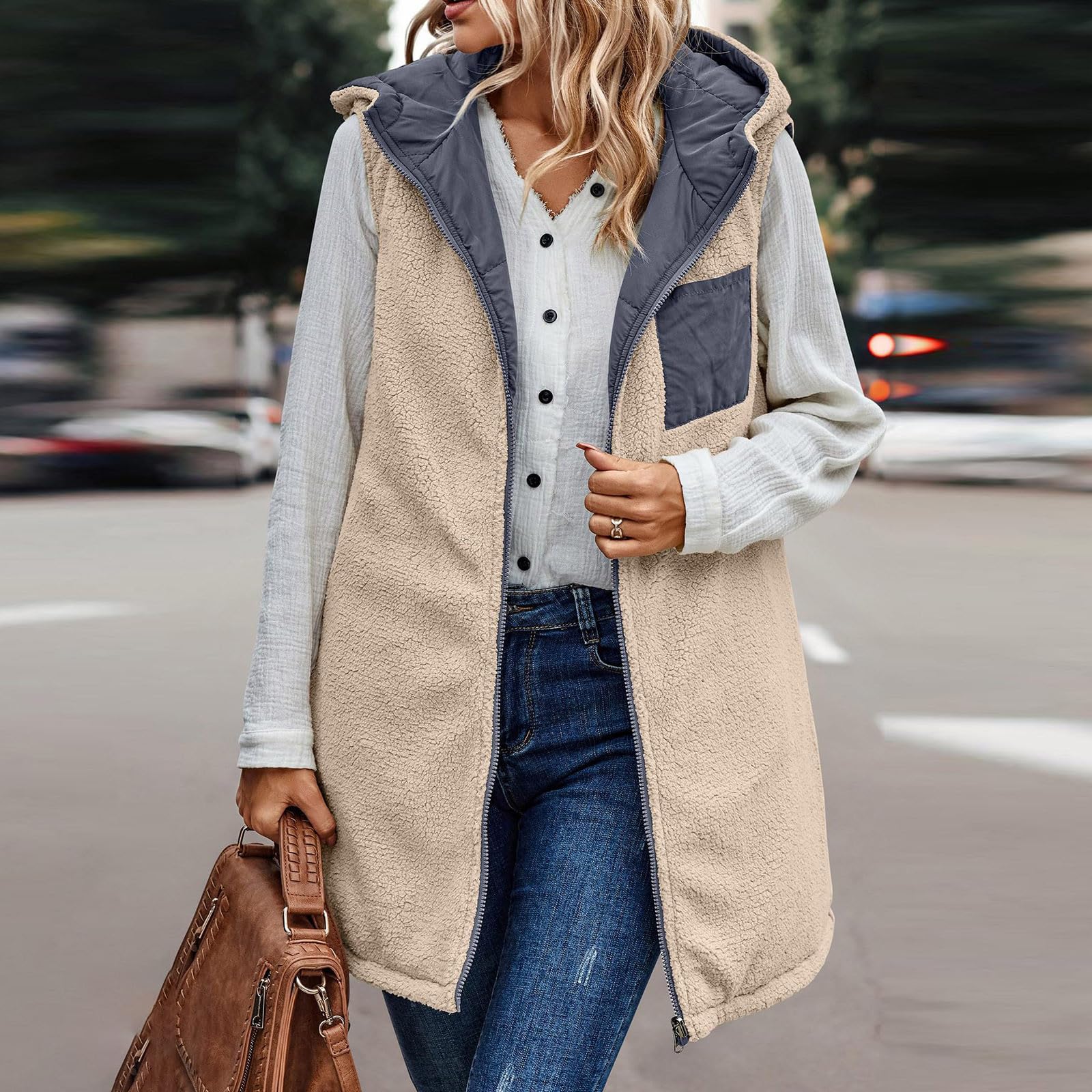 Generisch Steppweste Damen Lang Leichte Ärmellose Puffer Weste mit Kapuze Winter Warme Outdoor Daunenweste Übergangsweste Oversize Reißverschluss Winterjacke Lange Gilet Für Mädchen Elegant
