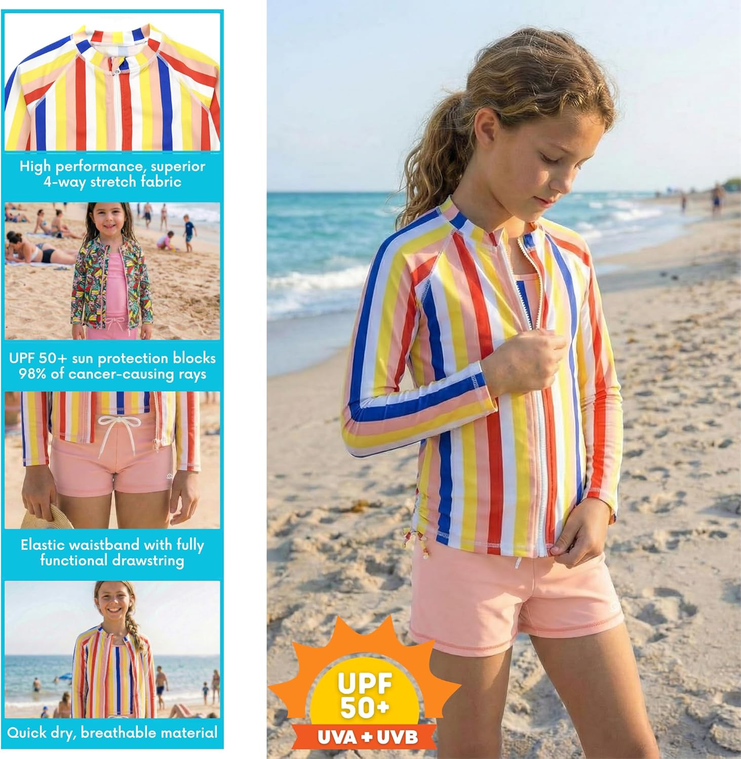 SwimZip Girls' 3 Pc Swim Set w/Long Sleeve Rash Guard, Tankini & Shorts UPF 50+