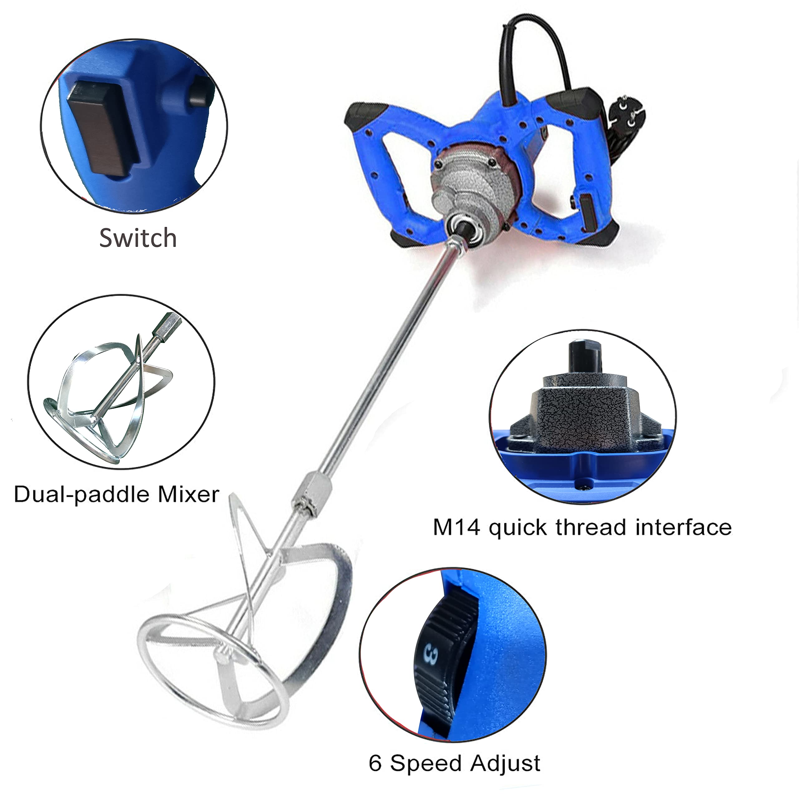 Miscelatore Elettrico 550W, 6 Velocità Variabile, 1700 giri/min, Attacco M14 Frusta Malta, Miscelatore per Calcestruzzo, Betoniera Elettrica Portatile Agitatore Elettrico per Mangime, Gesso, Cemento